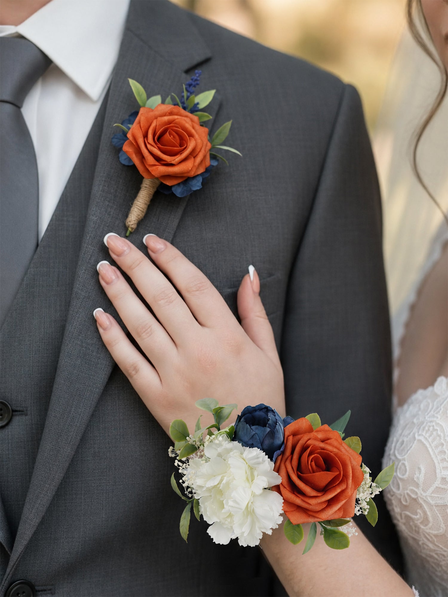 Boutonniere and Corsage Set Burnt Orange & Navy Blue