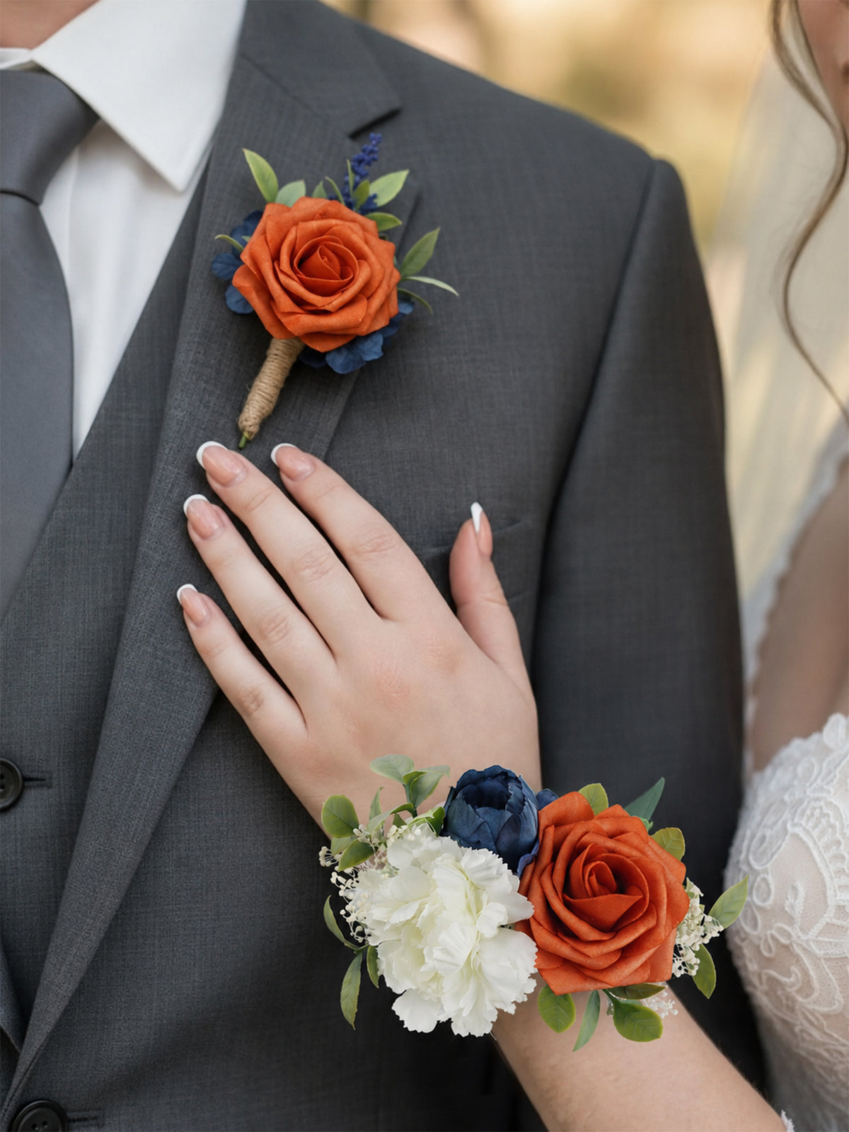Boutonniere and Corsage Set Burnt Orange & Navy Blue
