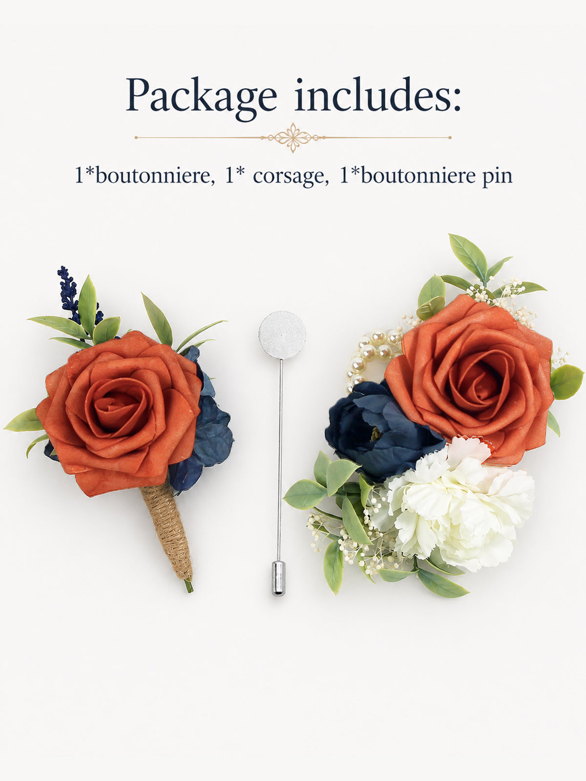 Boutonniere and Corsage Set Burnt Orange & Navy Blue