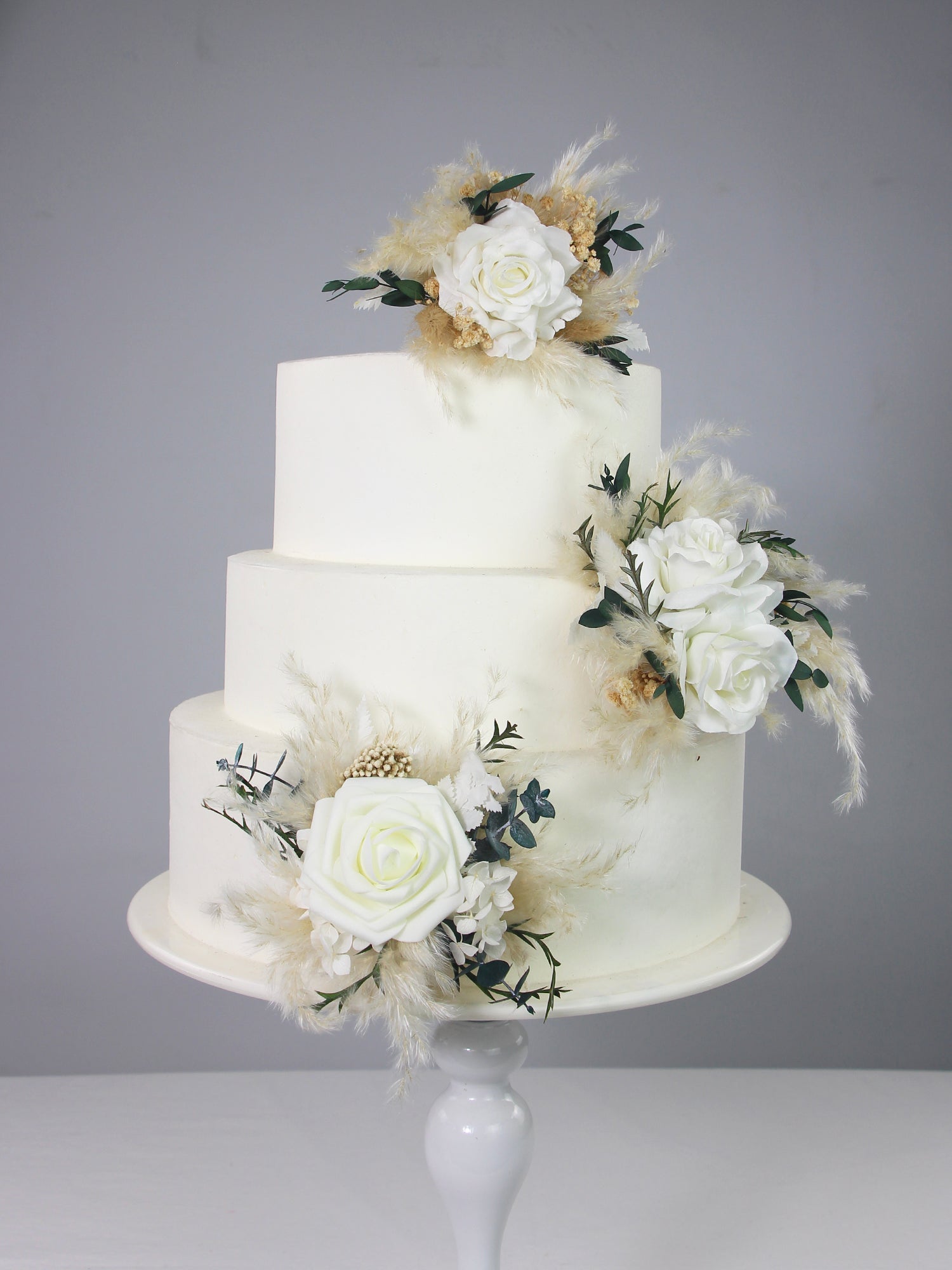 3Pcs White & Beige Dried Flowers Cake Flowers Set