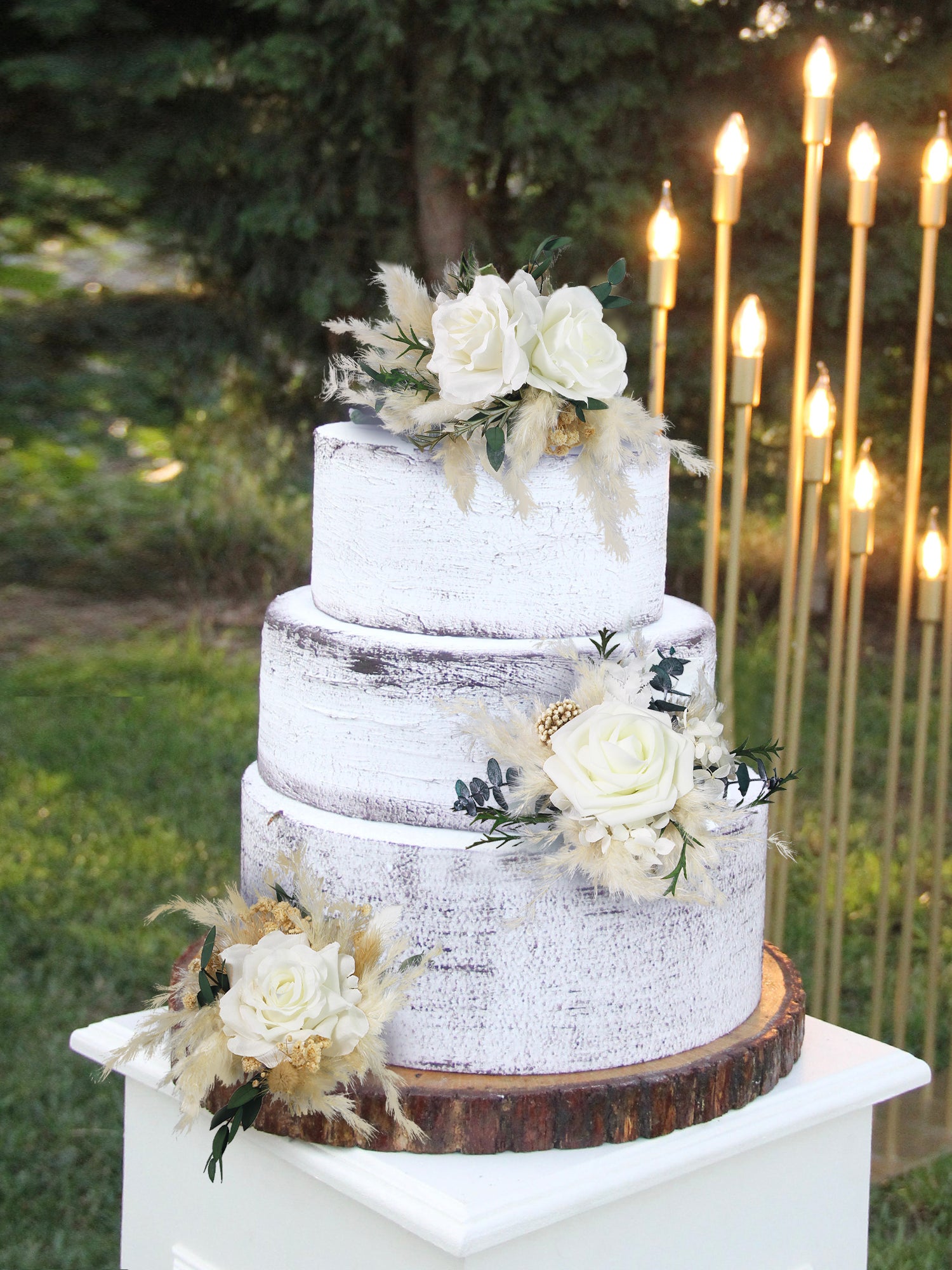 3Pcs White & Beige Dried Flowers Cake Flowers Set