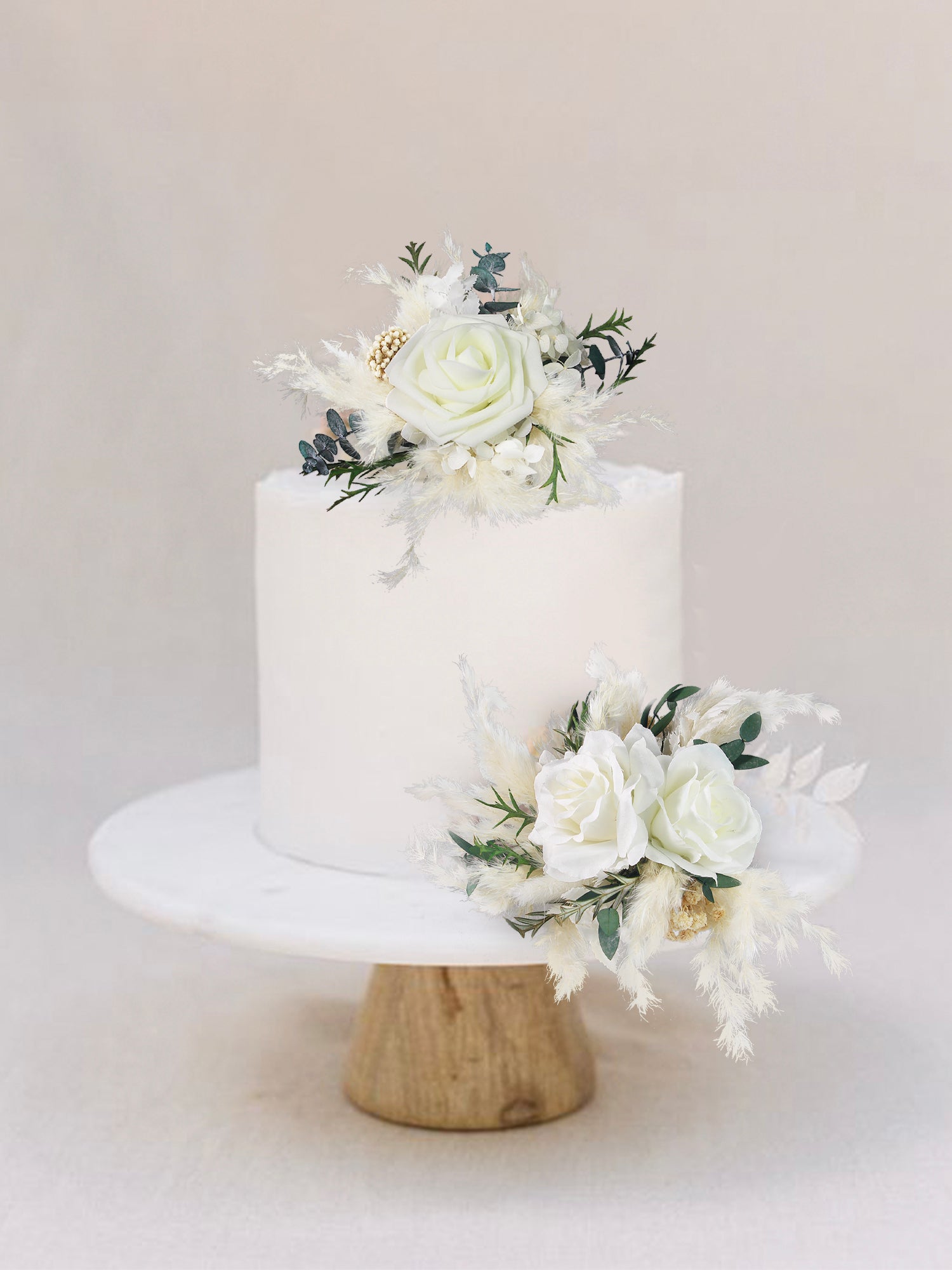 3Pcs White & Beige Dried Flowers Cake Flowers Set