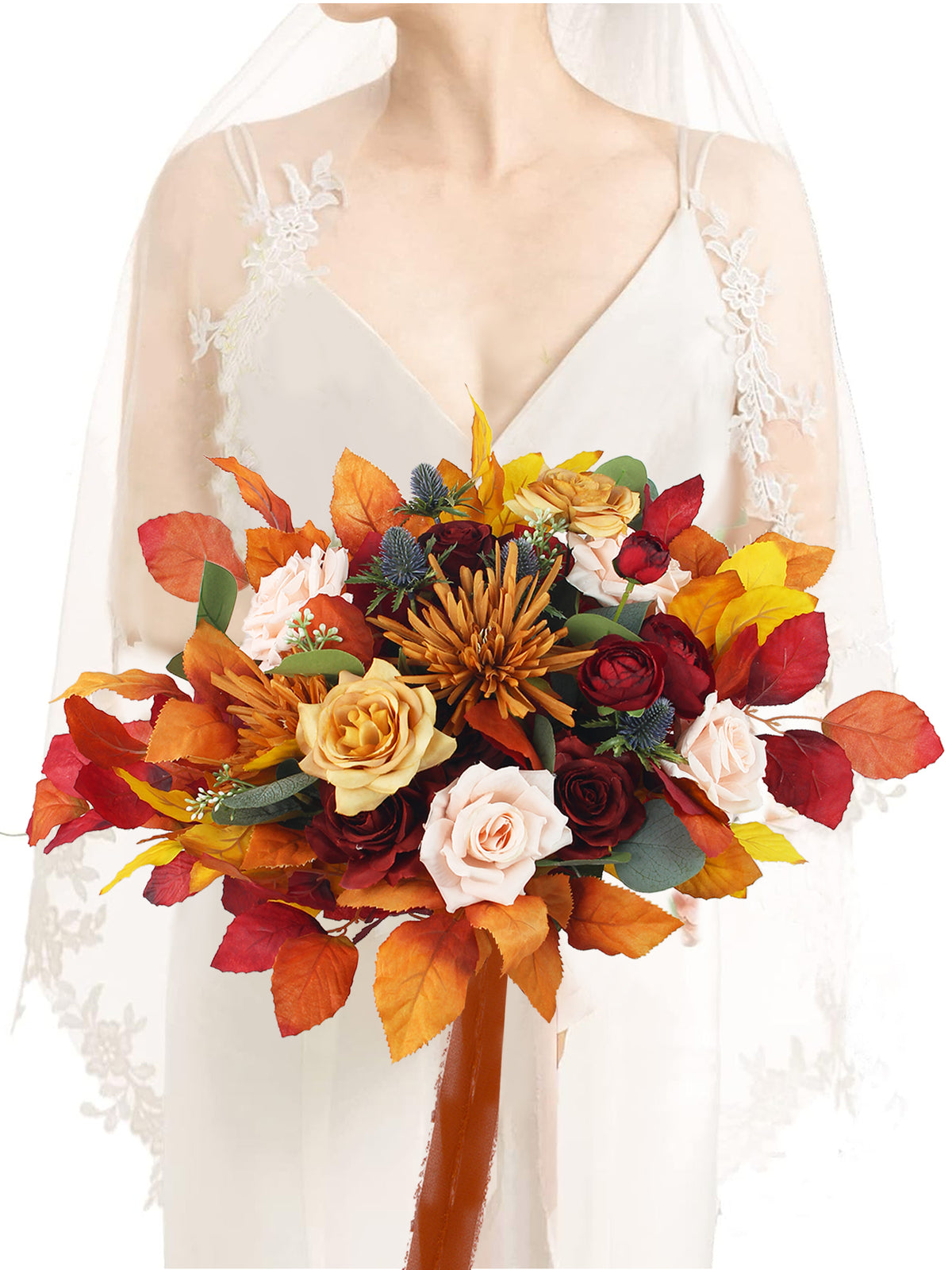 16 inch wide Burnt Orange & Red Bridal Bouquet - Rinlong Flower