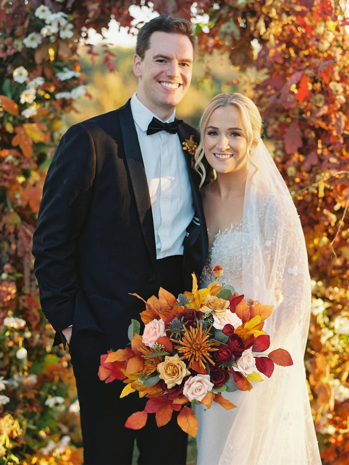 16 inch wide Burnt Orange & Red Bridal Bouquet - Rinlong Flower