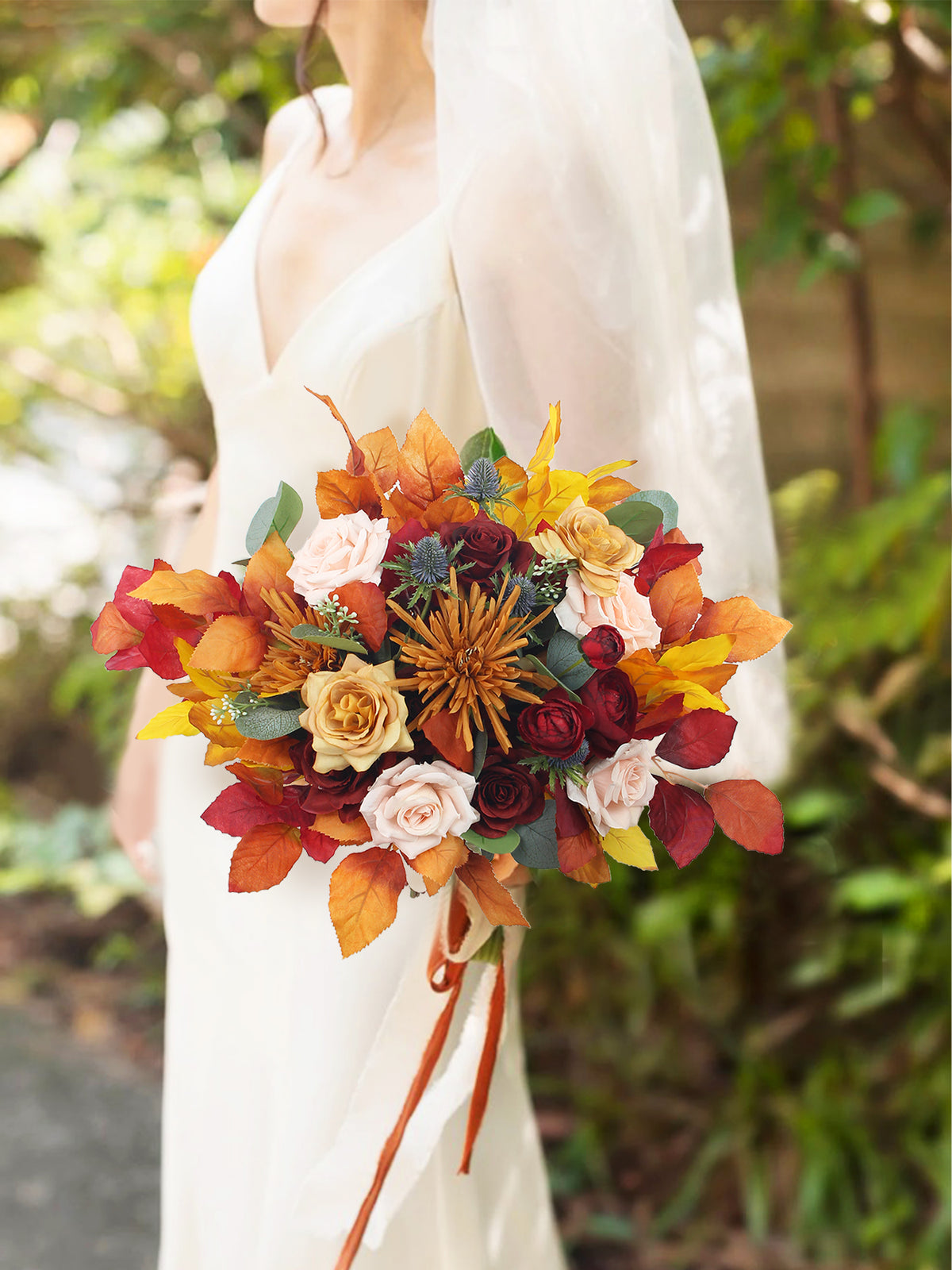 16 inch wide Burnt Orange & Red Bridal Bouquet - Rinlong Flower