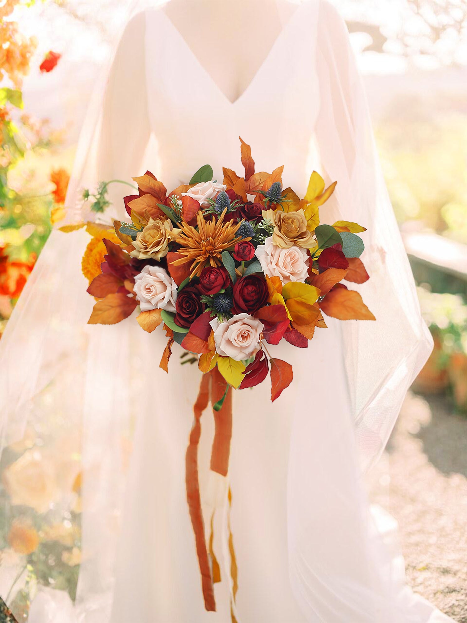 16 inch wide Burnt Orange & Red Bridal Bouquet