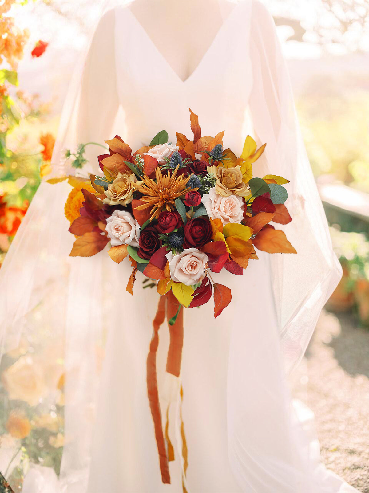 16 inch wide Burnt Orange & Red Bridal Bouquet - Rinlong Flower