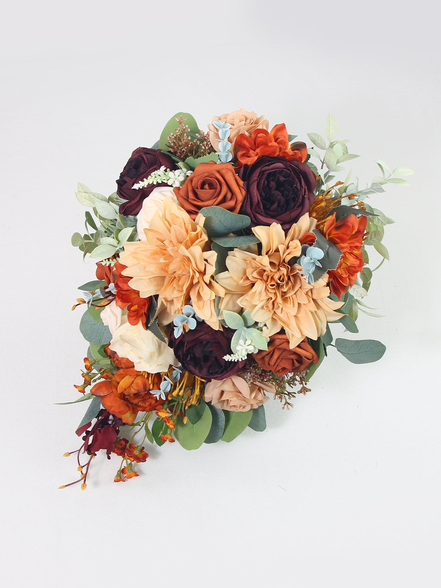 11 inch wide Terracotta Burgundy Cascading Bridal Bouquet