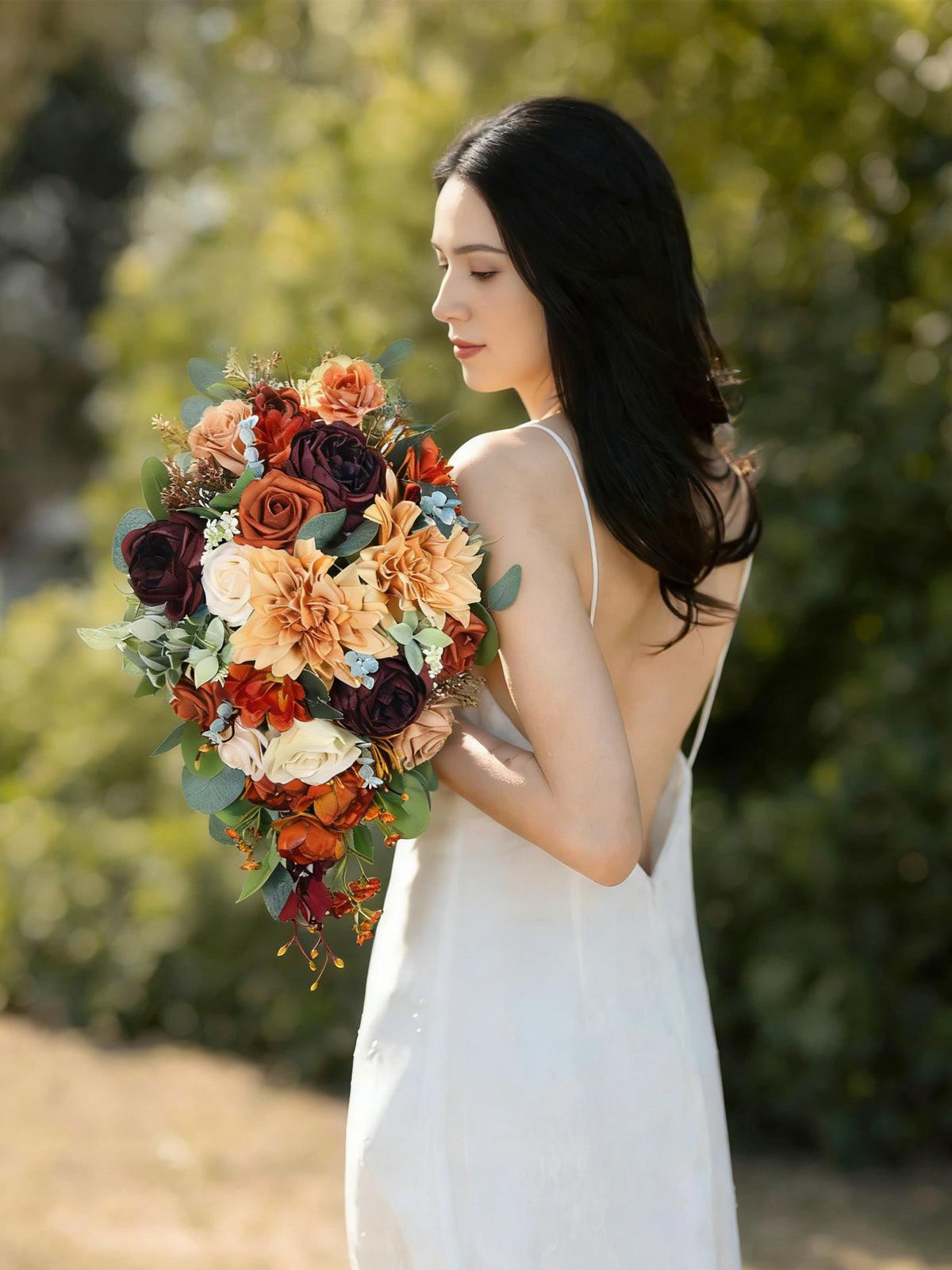 11 inch wide Terracotta Burgundy Cascading Bridal Bouquet - Rinlong Flower