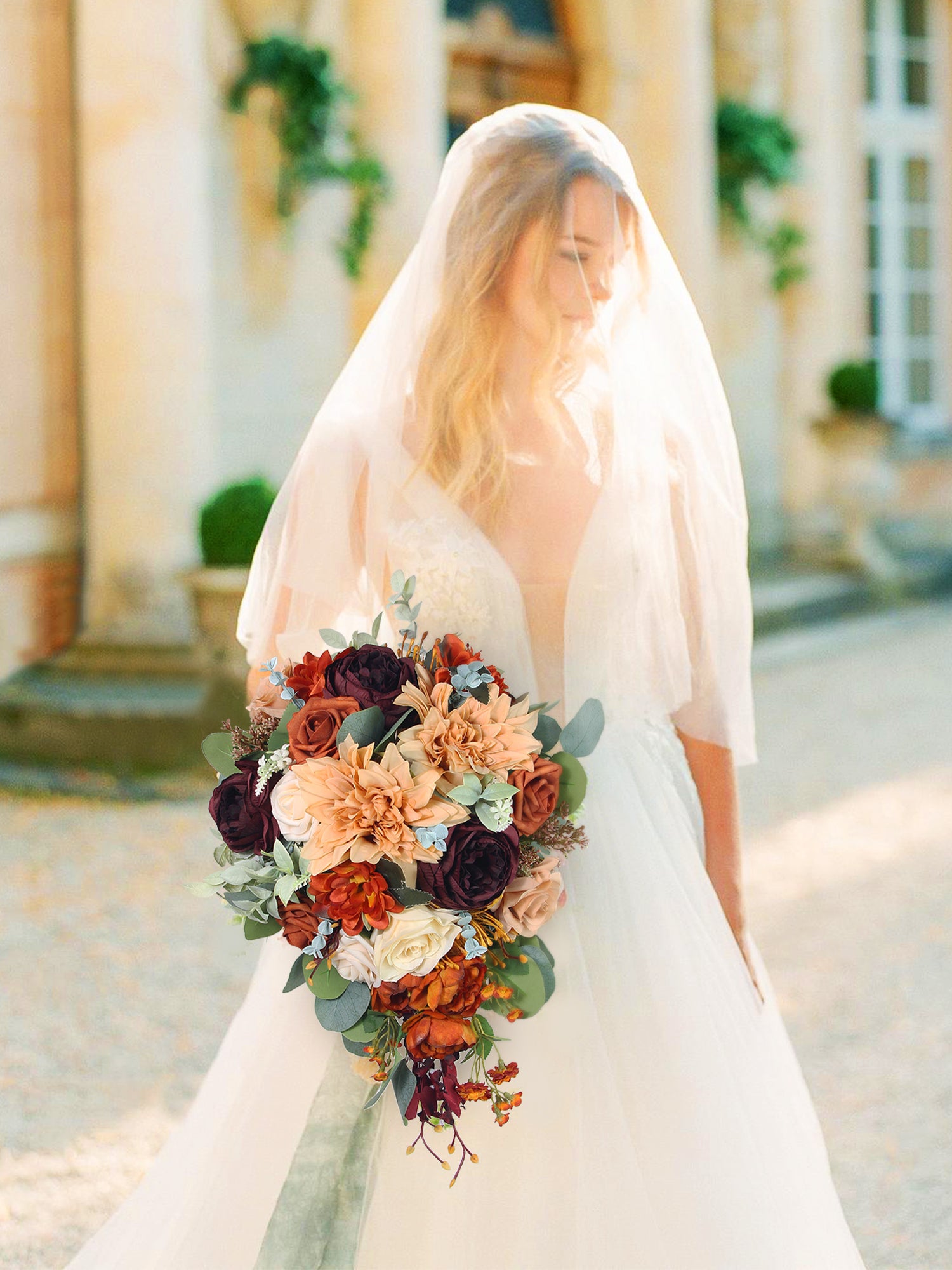 11 inch wide Terracotta Burgundy Cascading Bridal Bouquet