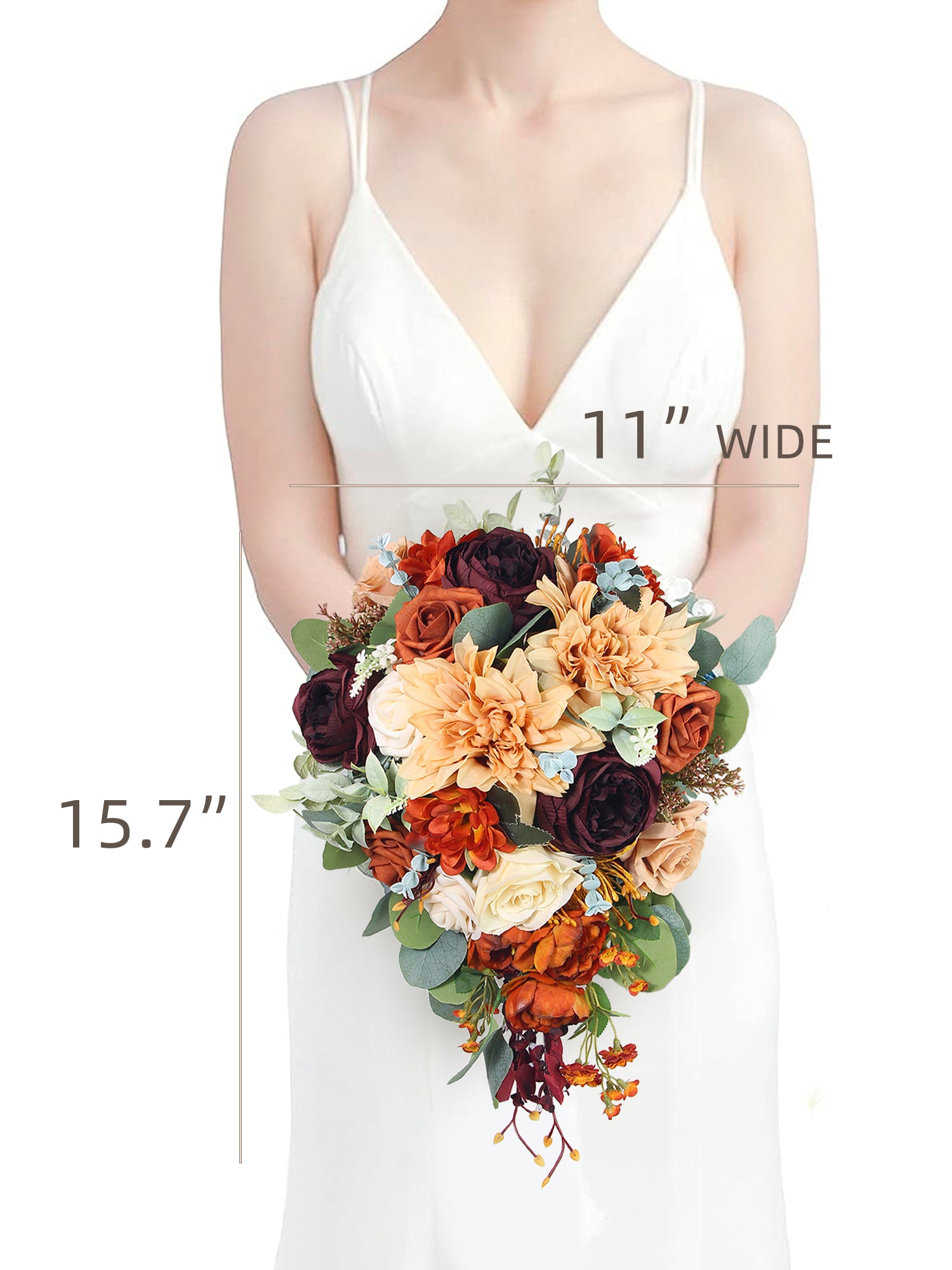 11 inch wide Terracotta Burgundy Cascading Bridal Bouquet