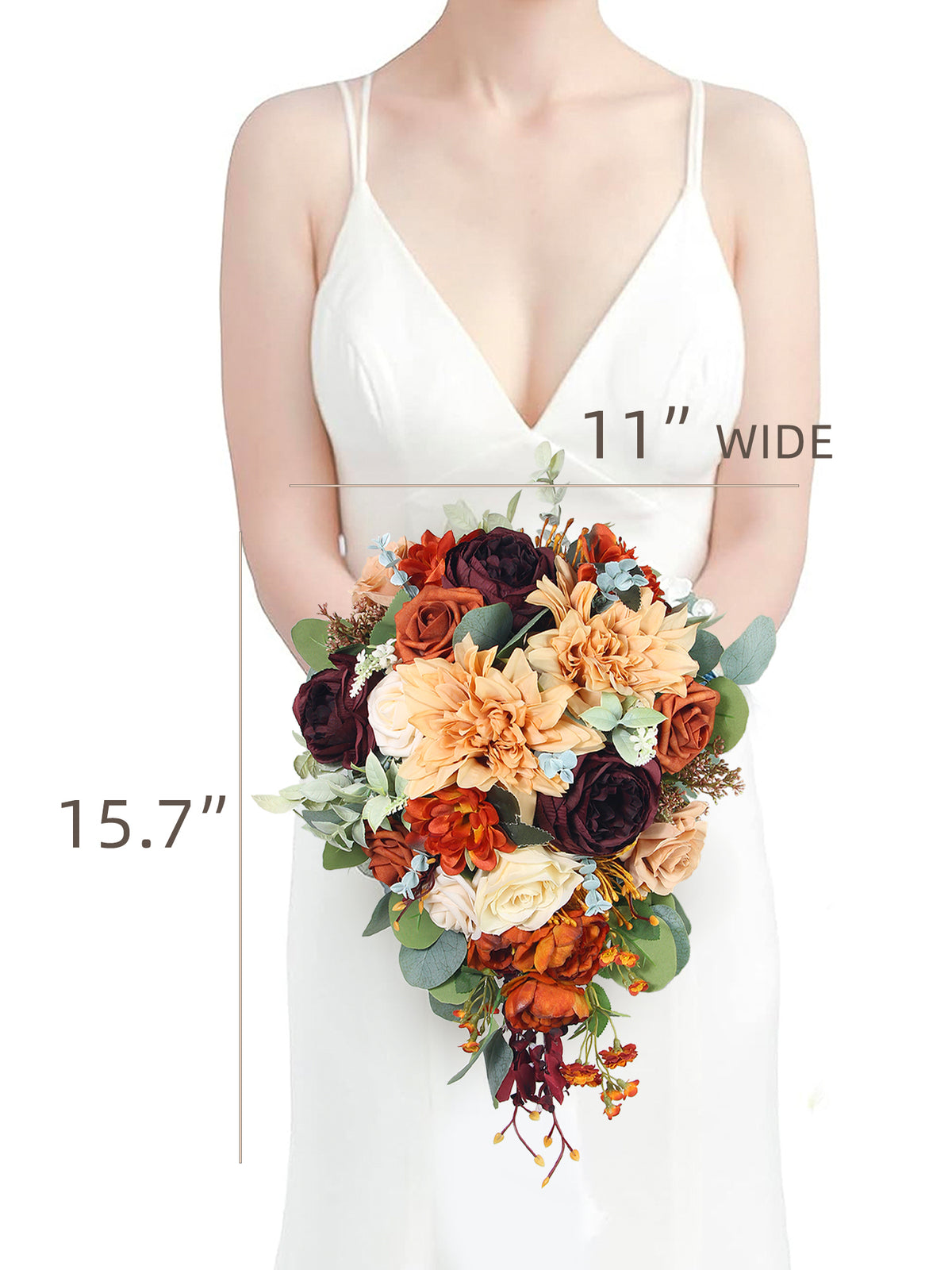 11 inch wide Terracotta Burgundy Cascading Bridal Bouquet - Rinlong Flower