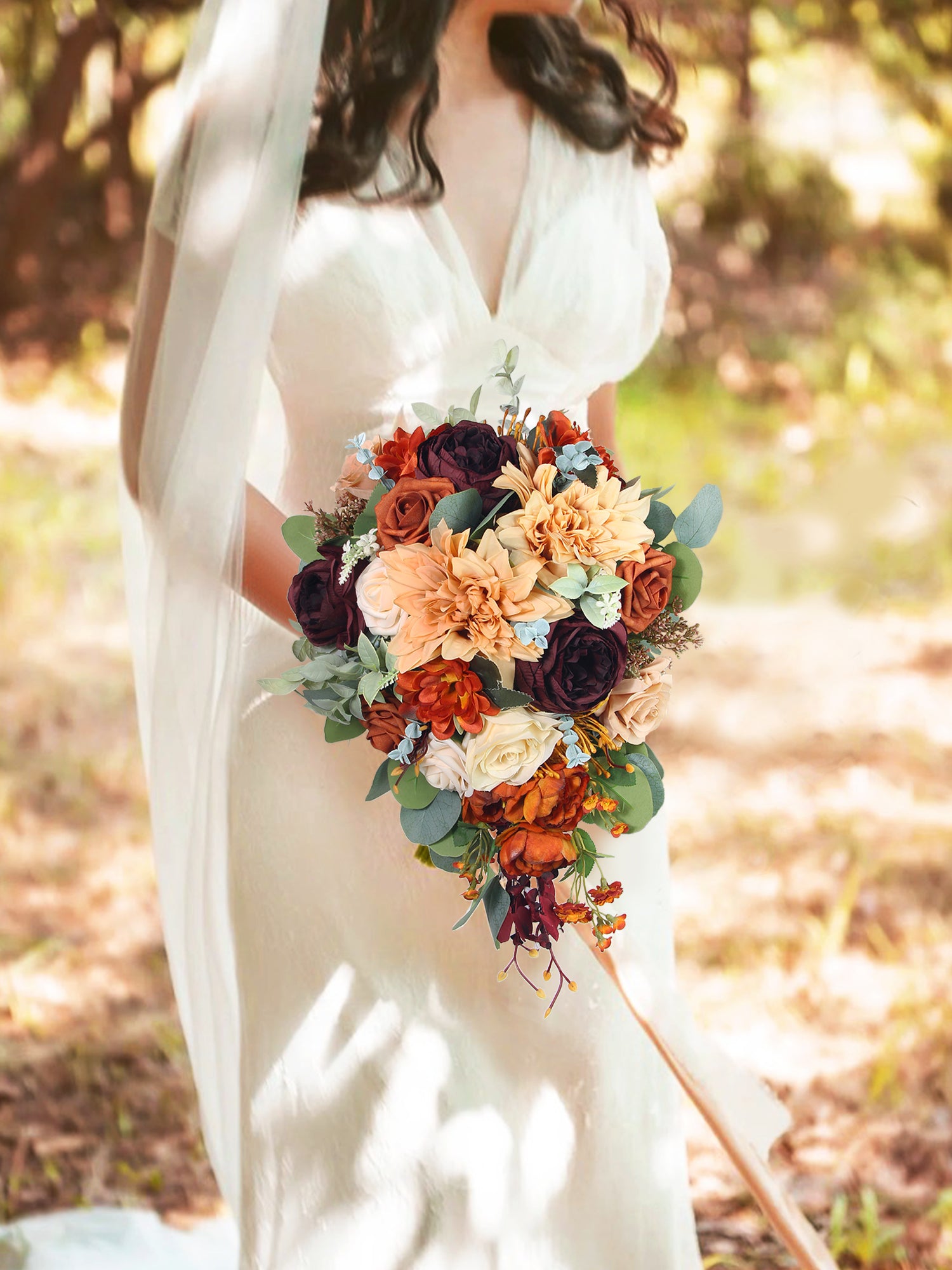 11 inch wide Terracotta Burgundy Cascading Bridal Bouquet