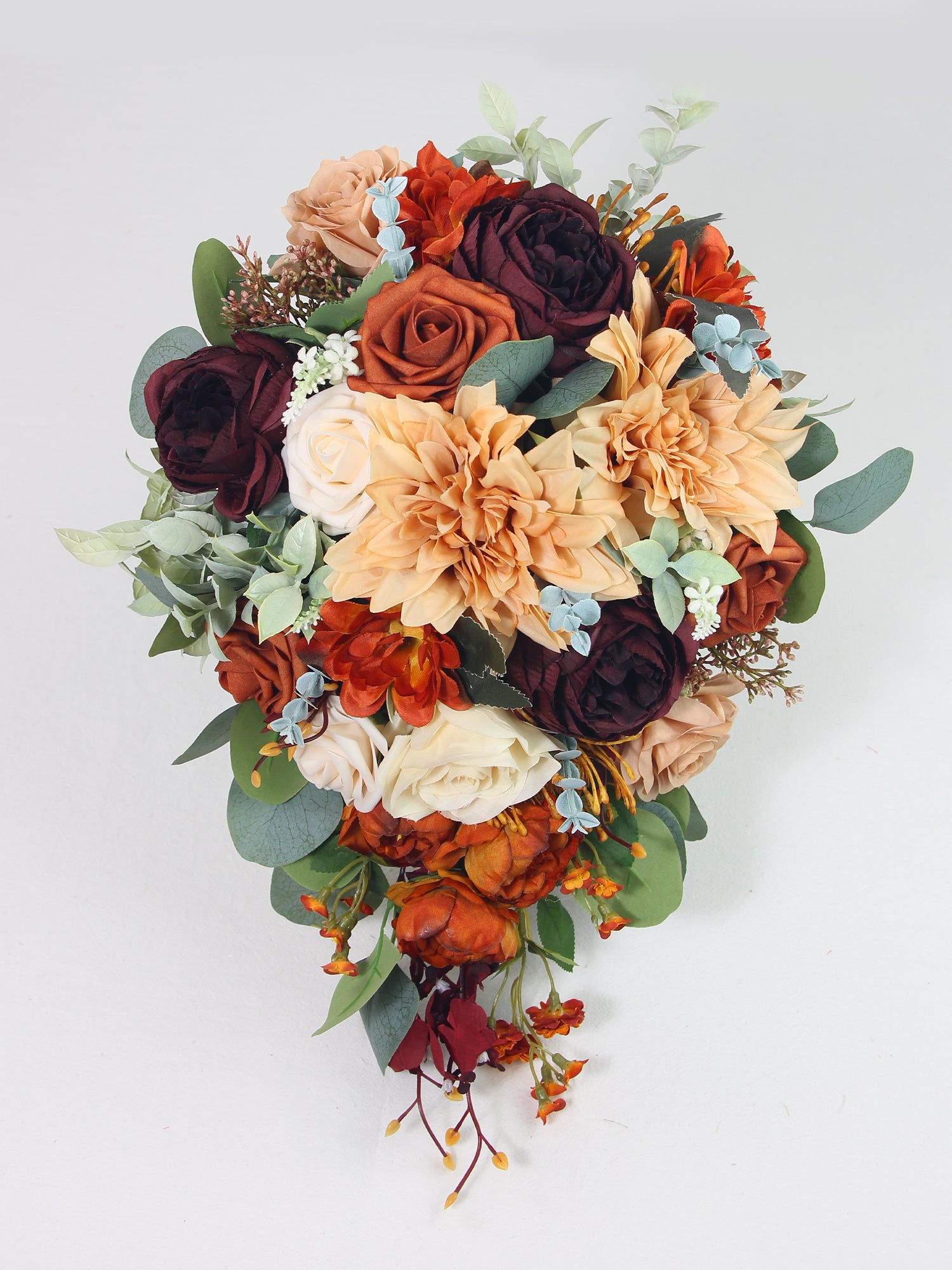 11 inch wide Terracotta Burgundy Cascading Bridal Bouquet