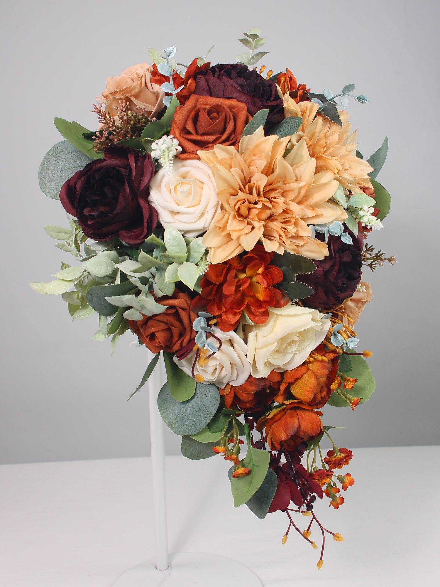 11 inch wide Terracotta Burgundy Cascading Bridal Bouquet