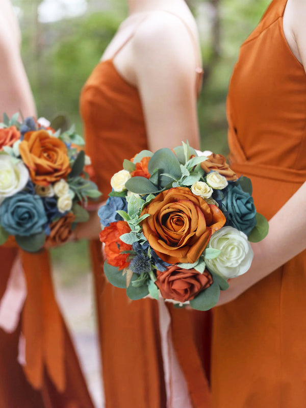 8.2 inch wide Navy Blue & Burnt Orange Bridesmaid Bouquet - Rinlong Flower