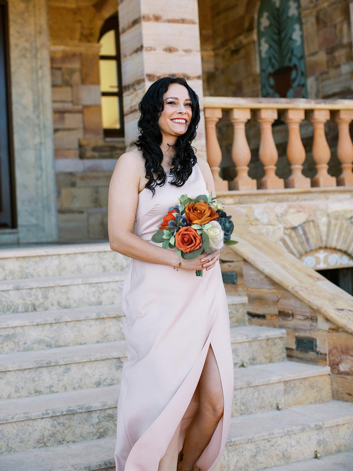 8.2 inch wide Navy Blue & Burnt Orange Bridesmaid Bouquet