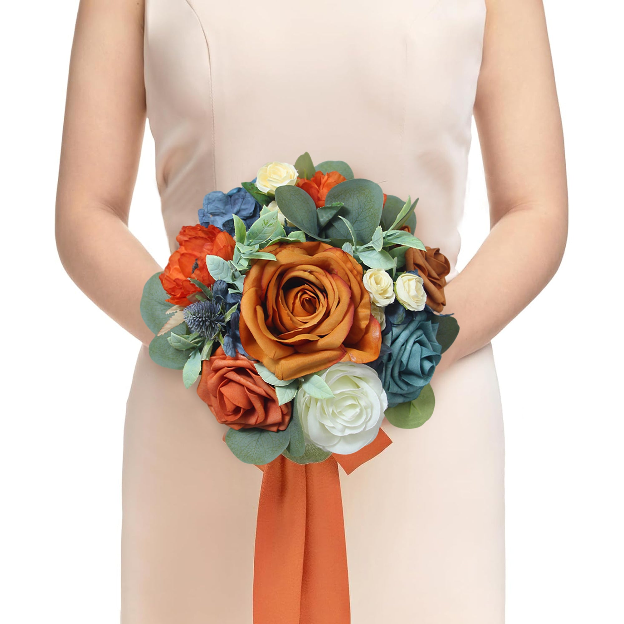 8.2 inch wide Navy Blue & Burnt Orange Bridesmaid Bouquet