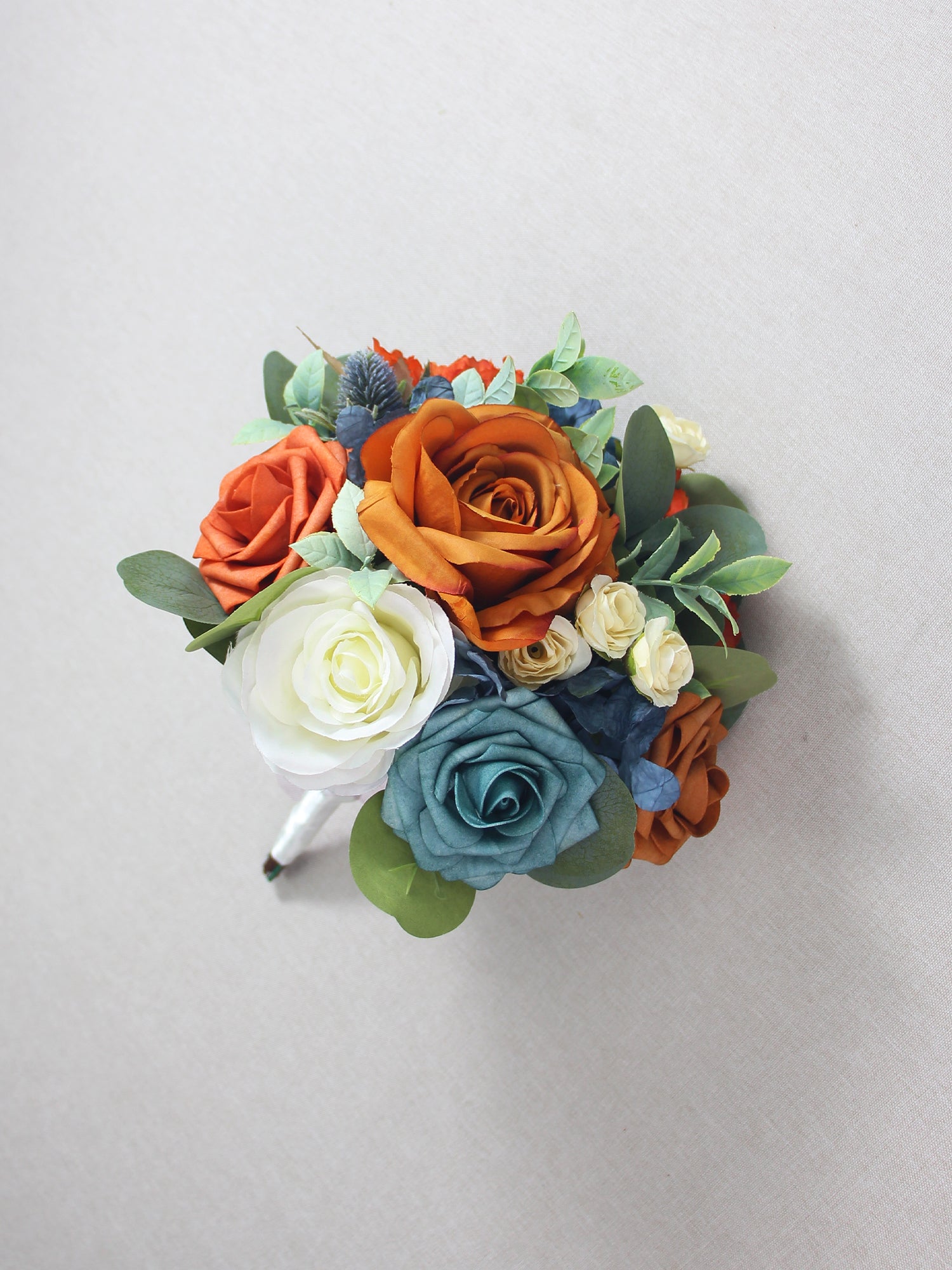 8.2 inch wide Navy Blue & Burnt Orange Bridesmaid Bouquet