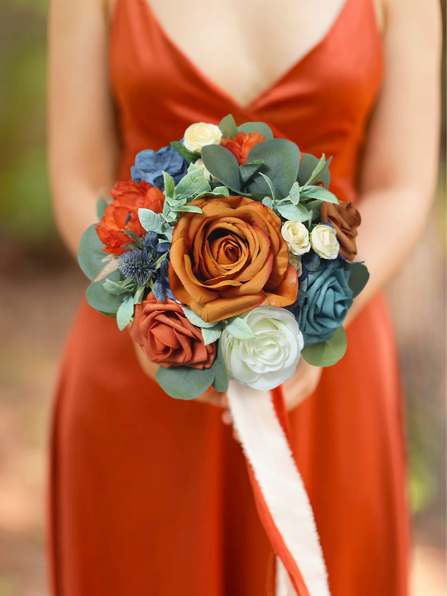8.2 inch wide Navy Blue & Burnt Orange Bridesmaid Bouquet