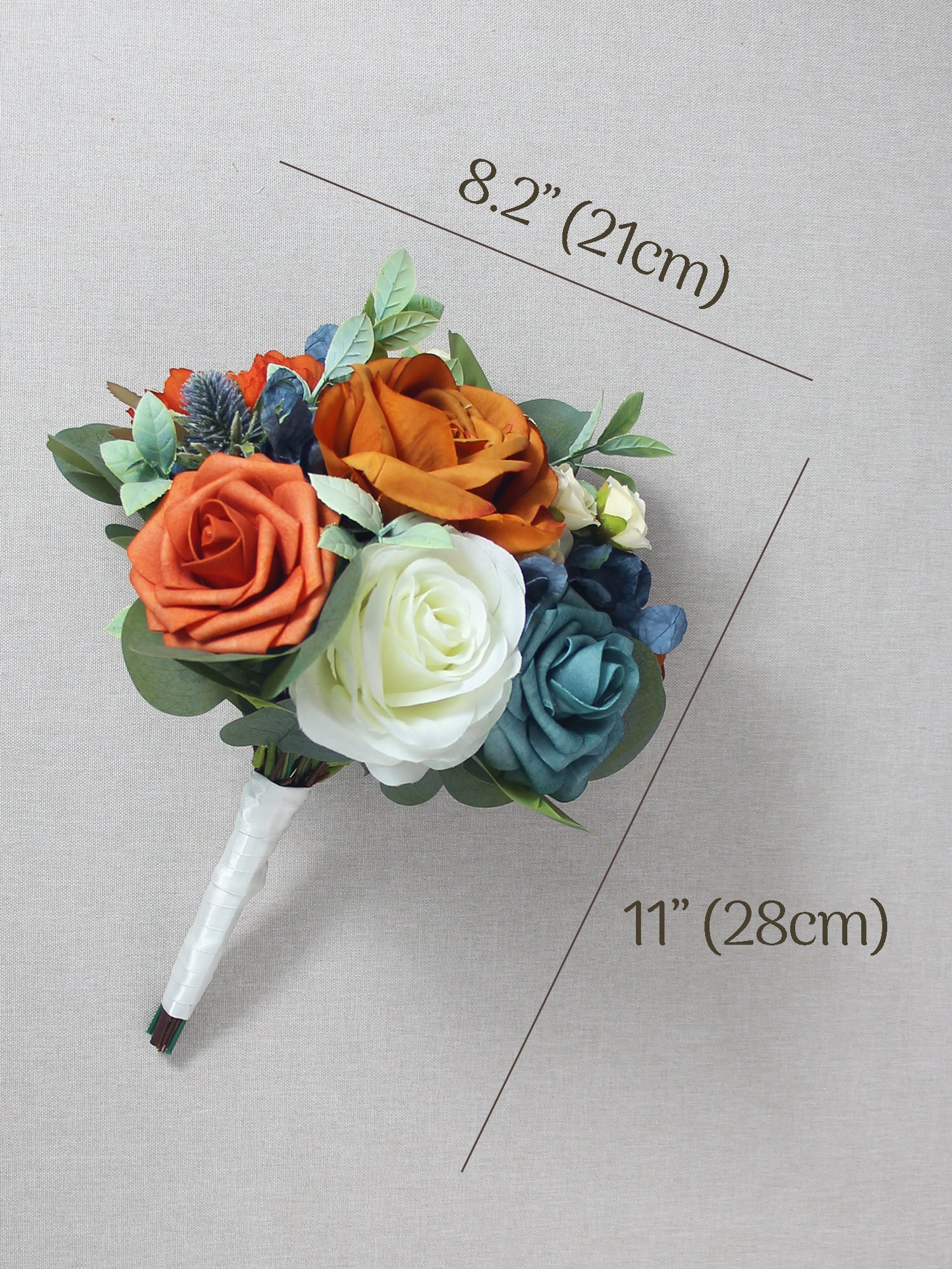 8.2 inch wide Navy Blue & Burnt Orange Bridesmaid Bouquet