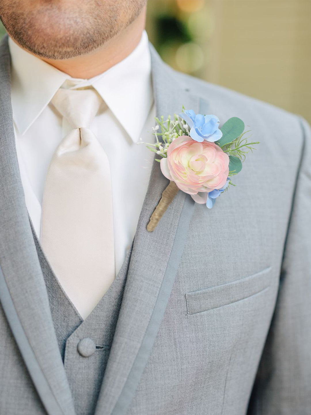 Blush & Baby Blue Boutonniere - Rinlong Flower