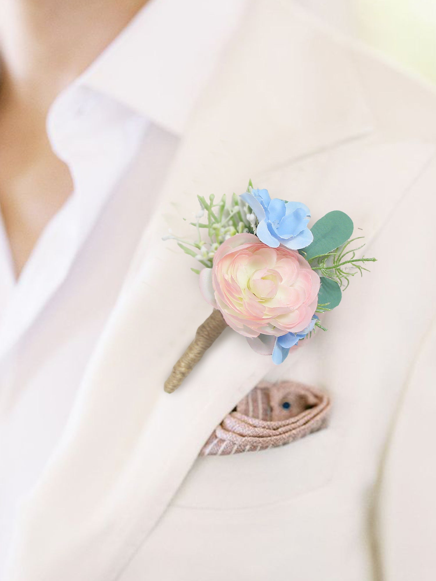 Blush & Baby Blue Boutonniere - Rinlong Flower