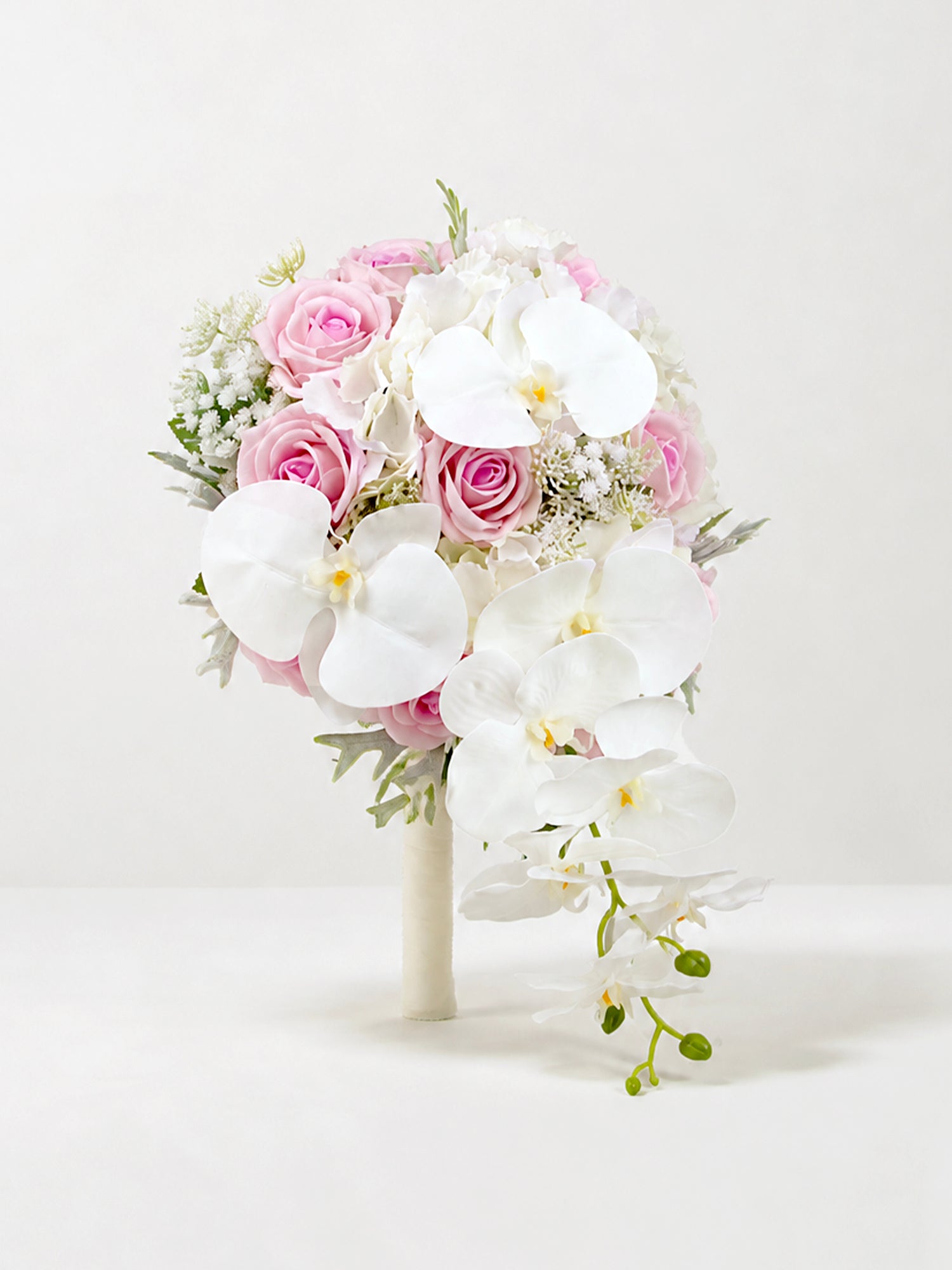 9 inch wide Pink & White Orchid Cascading Bridal Bouquet