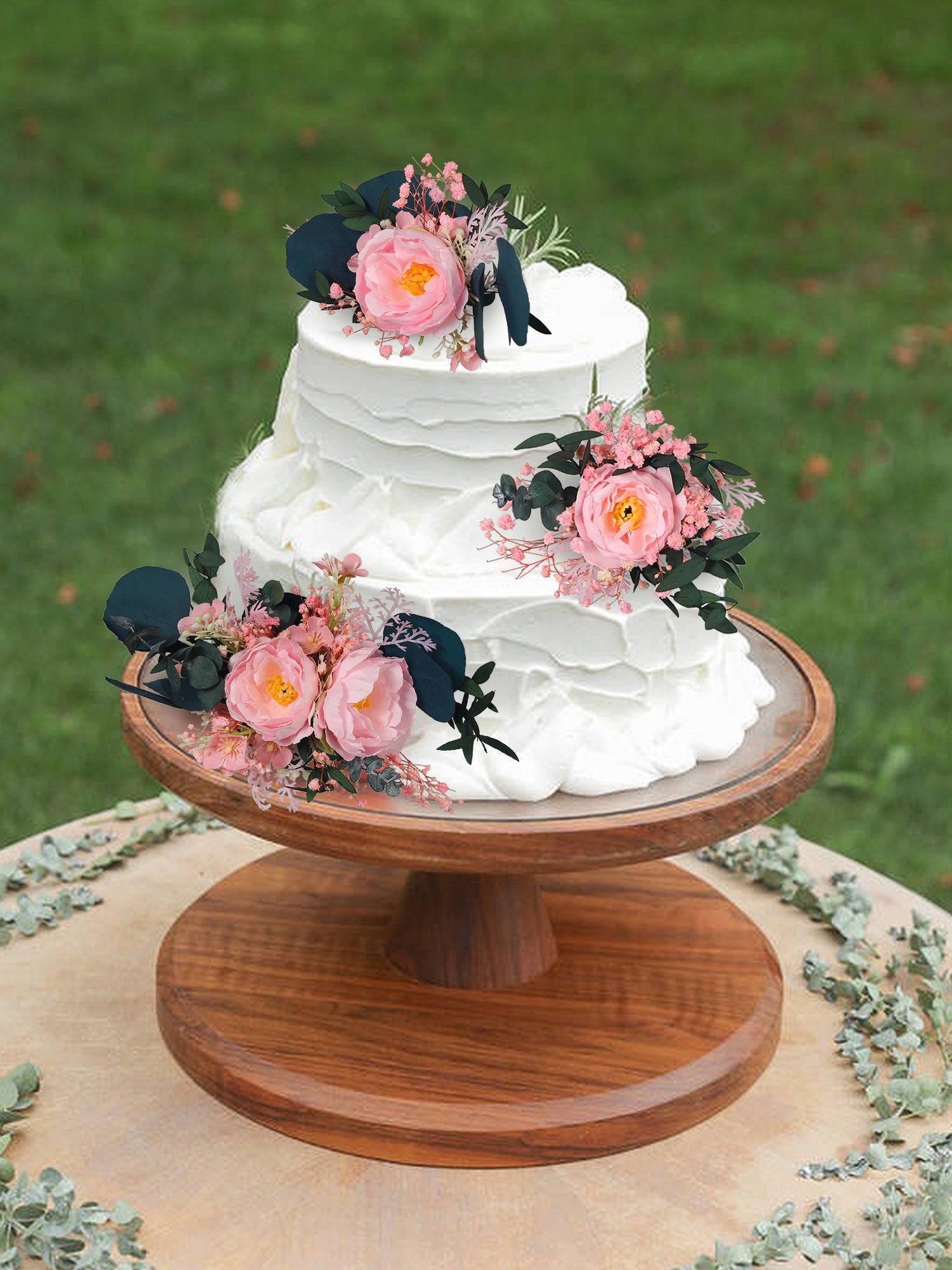 3Pcs Pink & Dark Green Dried Flower Cake Flowers