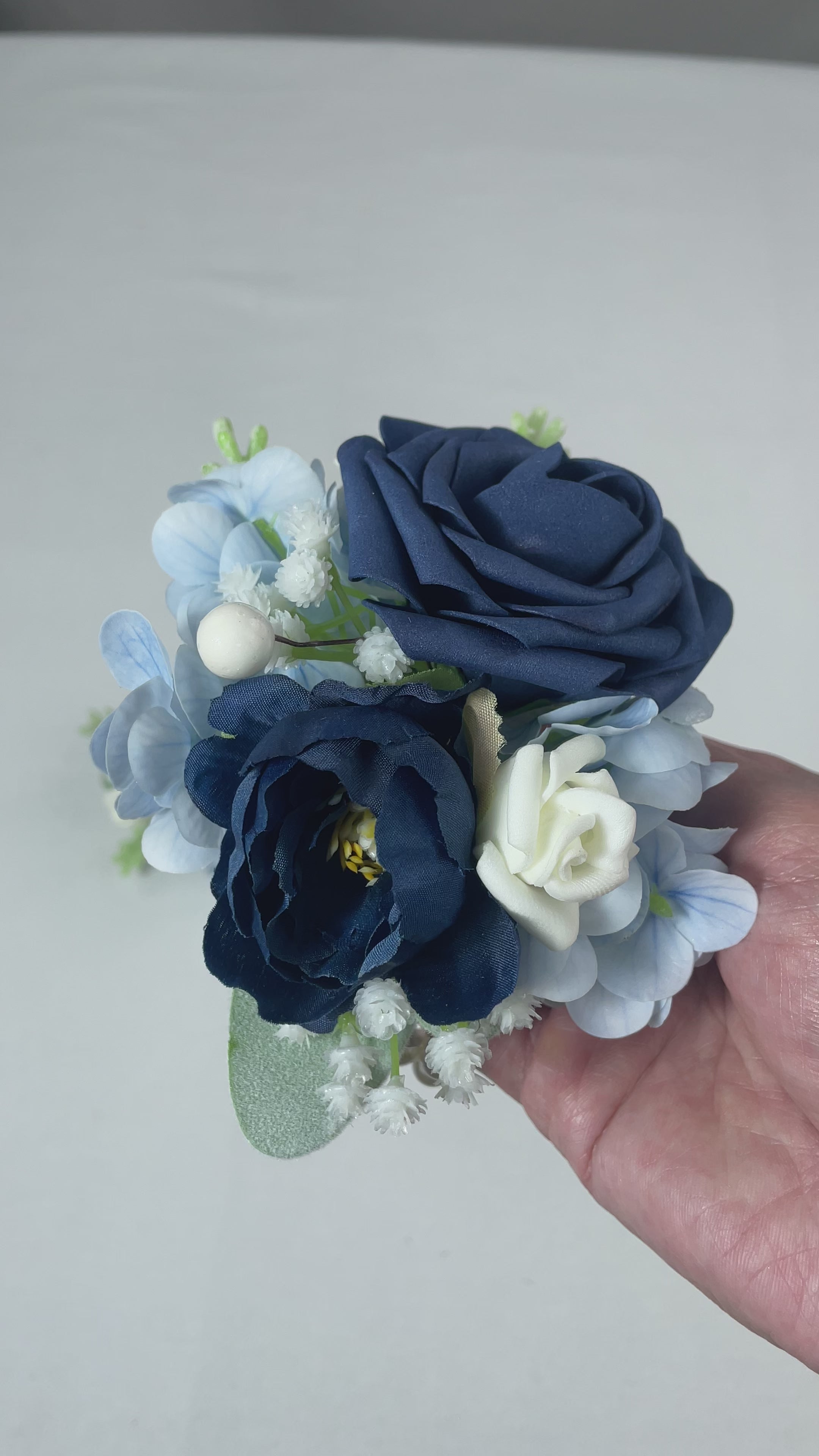 Navy Blue Rose & Hydrangea Wrist Corsage