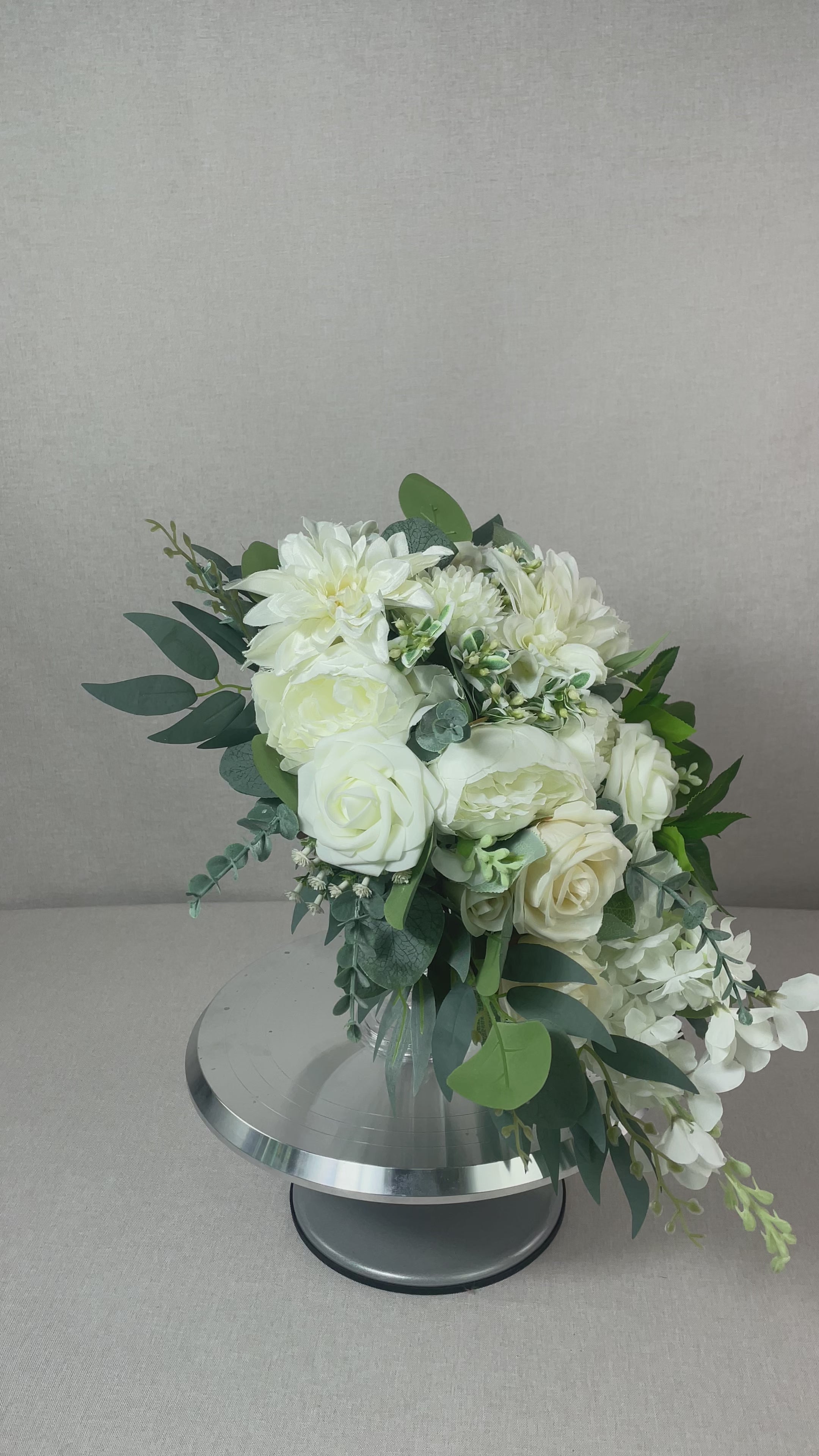 11 inch wide Sage Green & White Cascading Bridal Bouquet