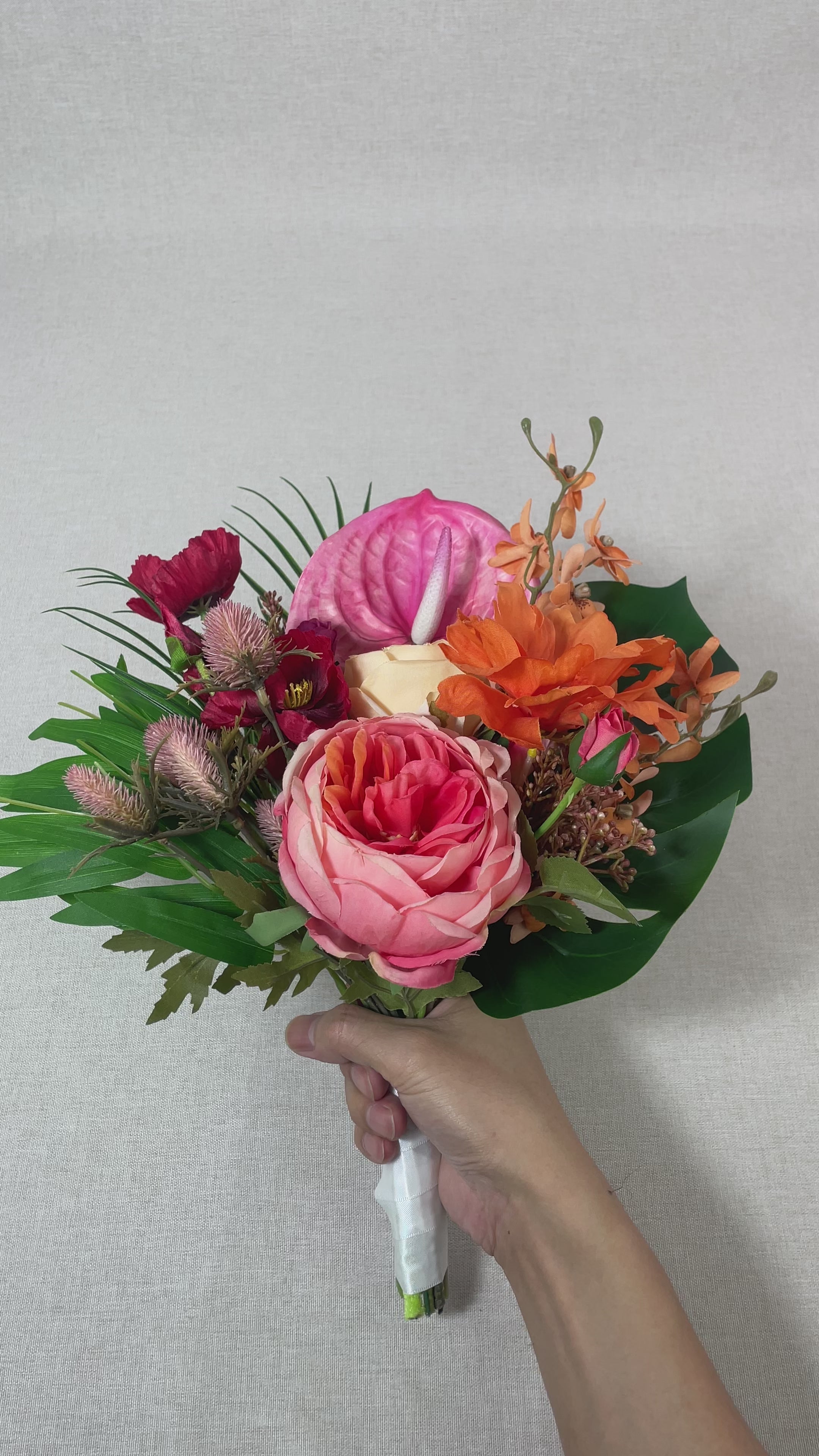 9.8 inch wide Tropical Orange & Pink Bridesmaid Bouquet