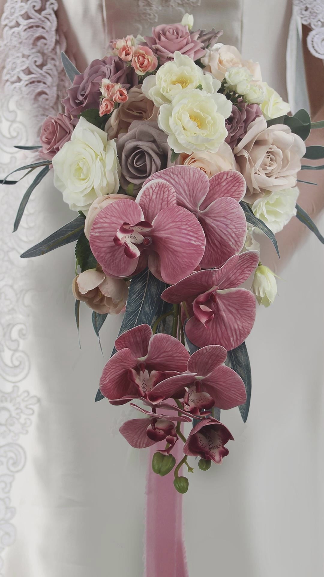 10.6 inch W Dusty Rose Cascading Bridal Bouquet