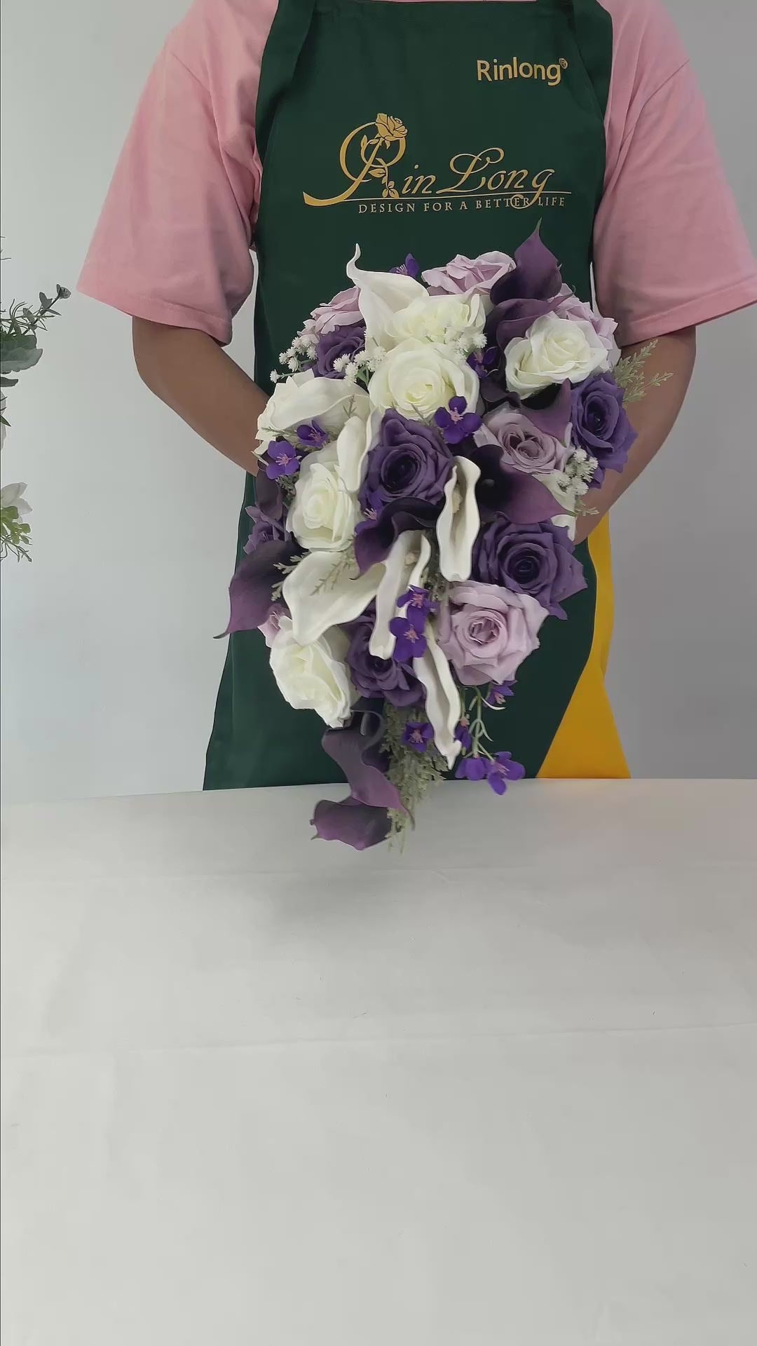 11 inch wide White & Purple Calla Lily Cascading Bridal Bouquet