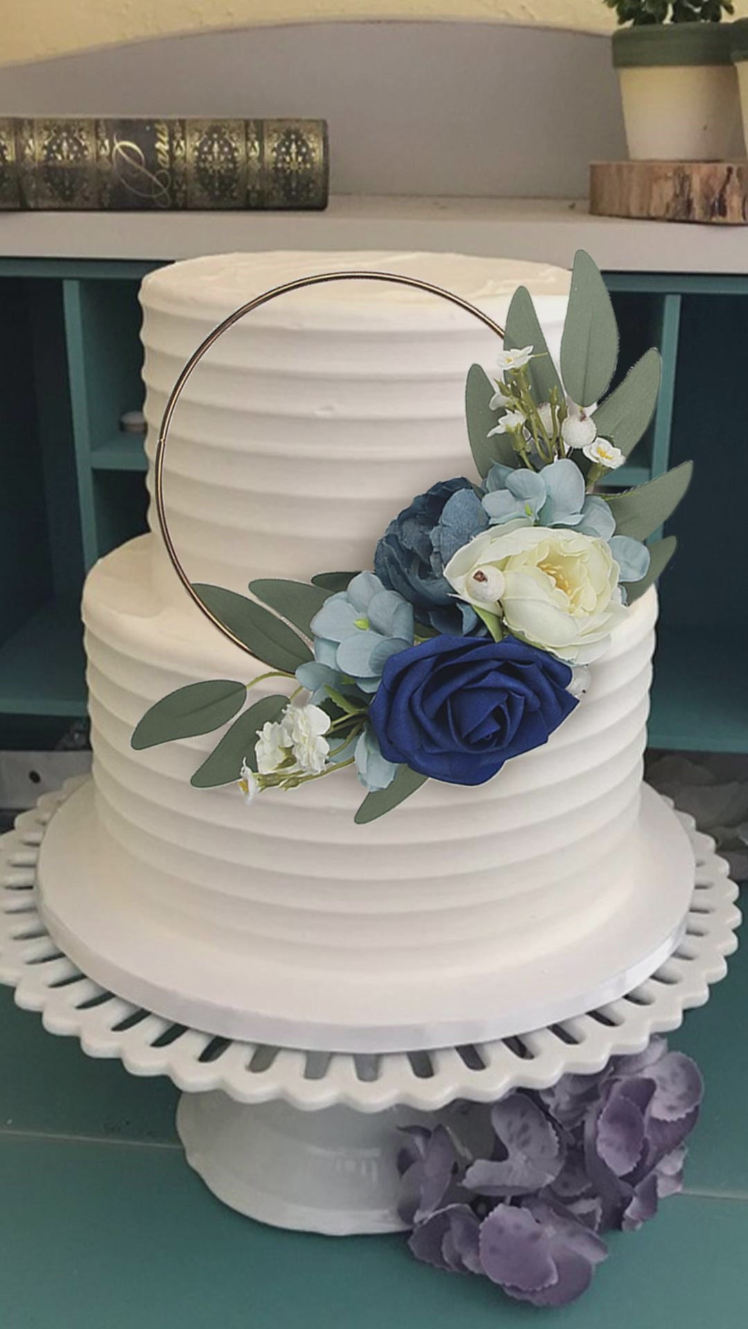 Navy Blue Floral Wreath Cake Topper