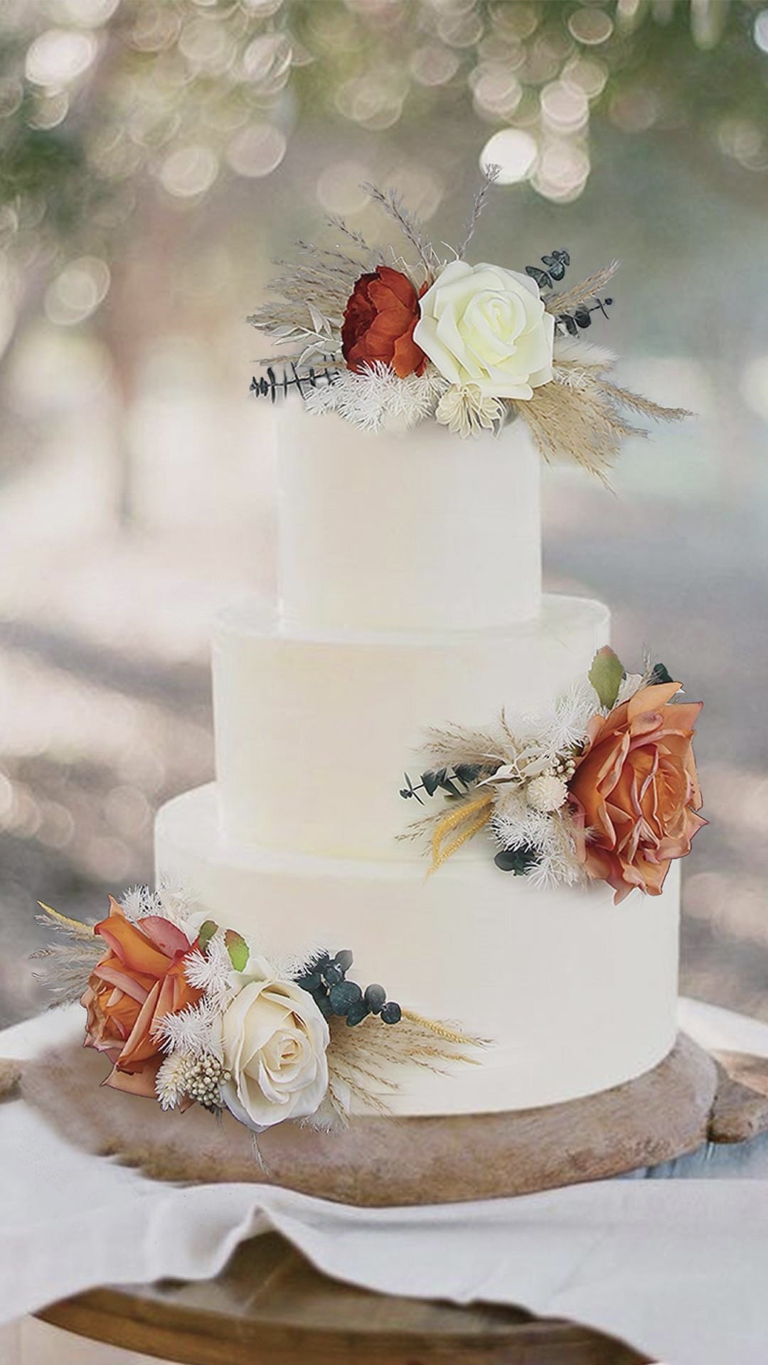 3Pcs Burnt Orange & Beige Cake Flowers Set