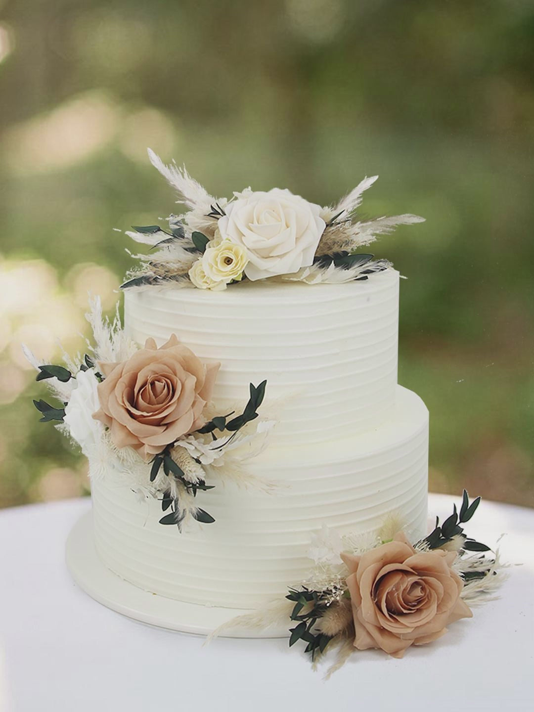 3Pcs Almond & Beige Rose Boho Cake Flowers Set