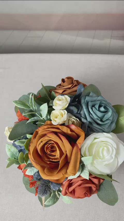 8.2 inch wide Navy Blue & Burnt Orange Bridesmaid Bouquet