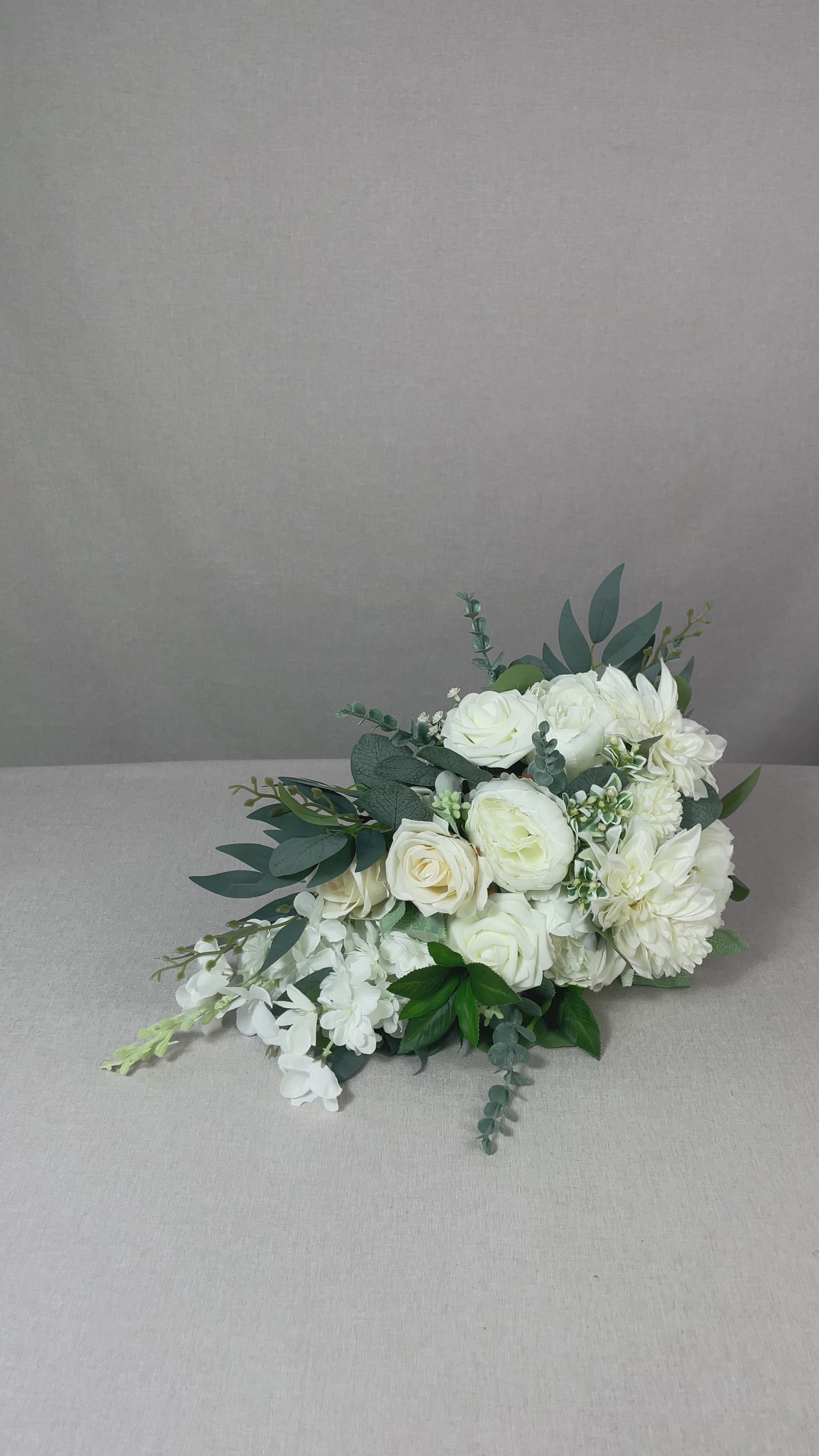 11 inch wide Sage Green & White Cascading Bridal Bouquet
