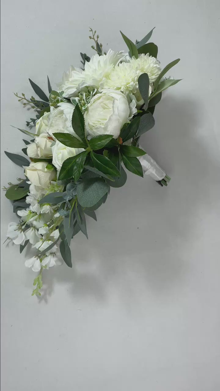 11 inch wide Sage Green & White Cascading Bridal Bouquet