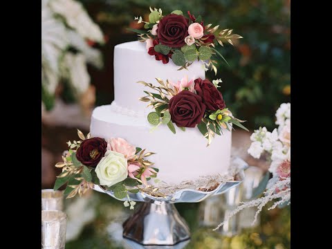 3Pcs Burgundy Cake Topper Flowers Set