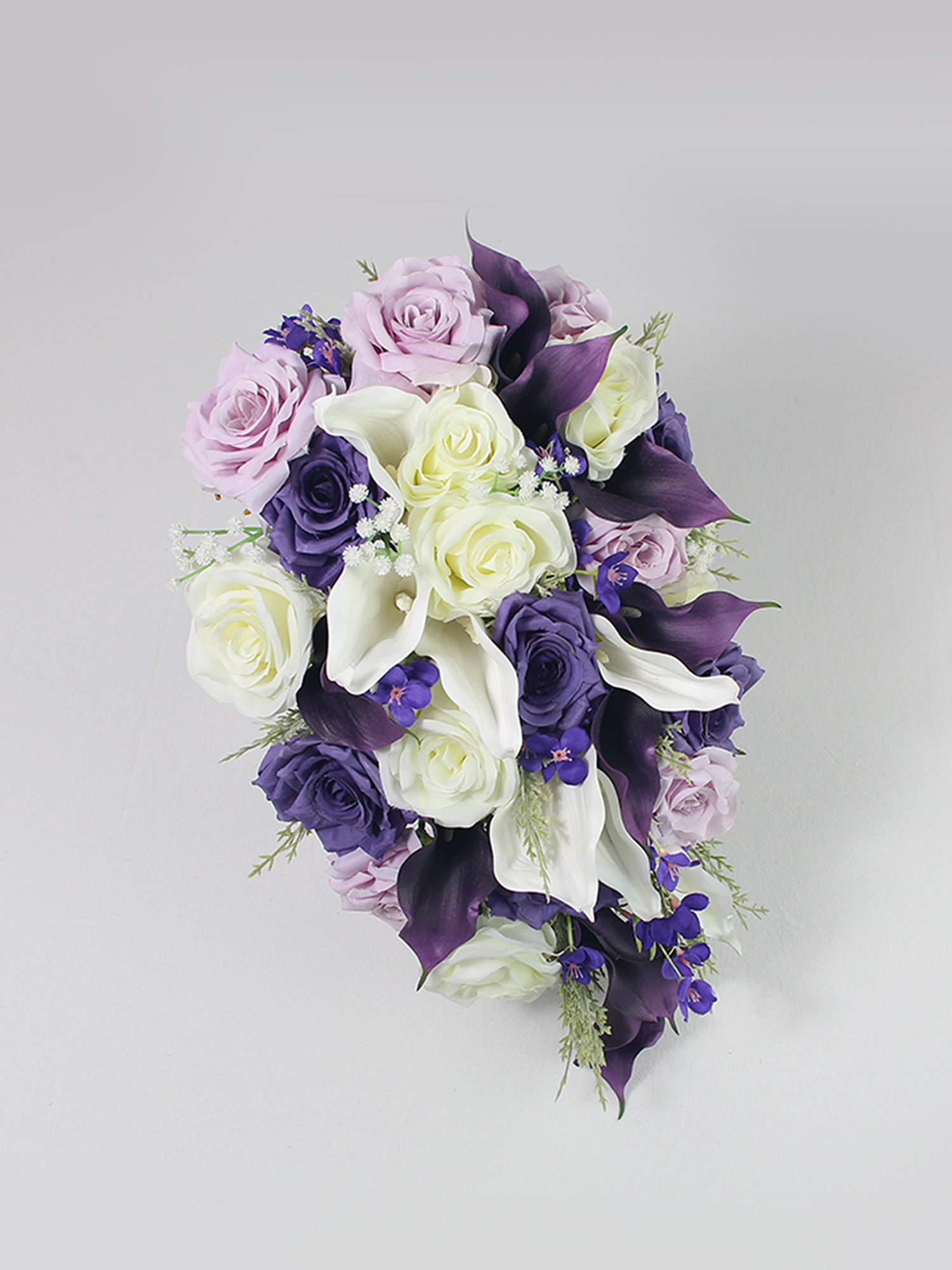 purple roses and white calla lilies 11 inch wide White & Purple Calla Lily Cascading Bridal Bouquet