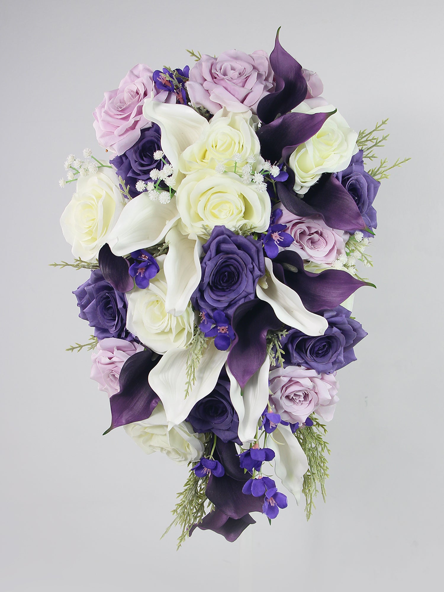 11 inch wide White & Purple Calla Lily Cascading Bridal Bouquet