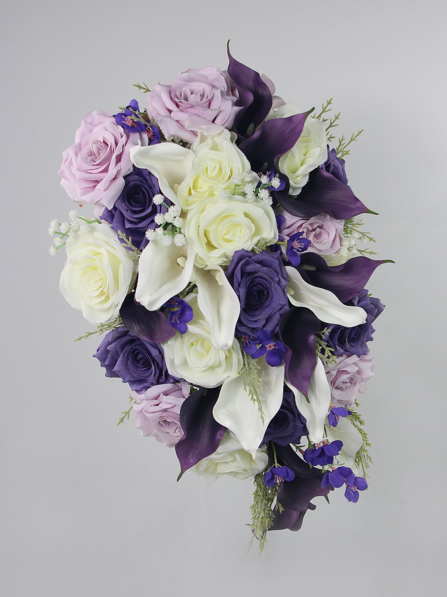 white and purple calla lilies 11 inch wide White & Purple Calla Lily Cascading Bridal Bouquet