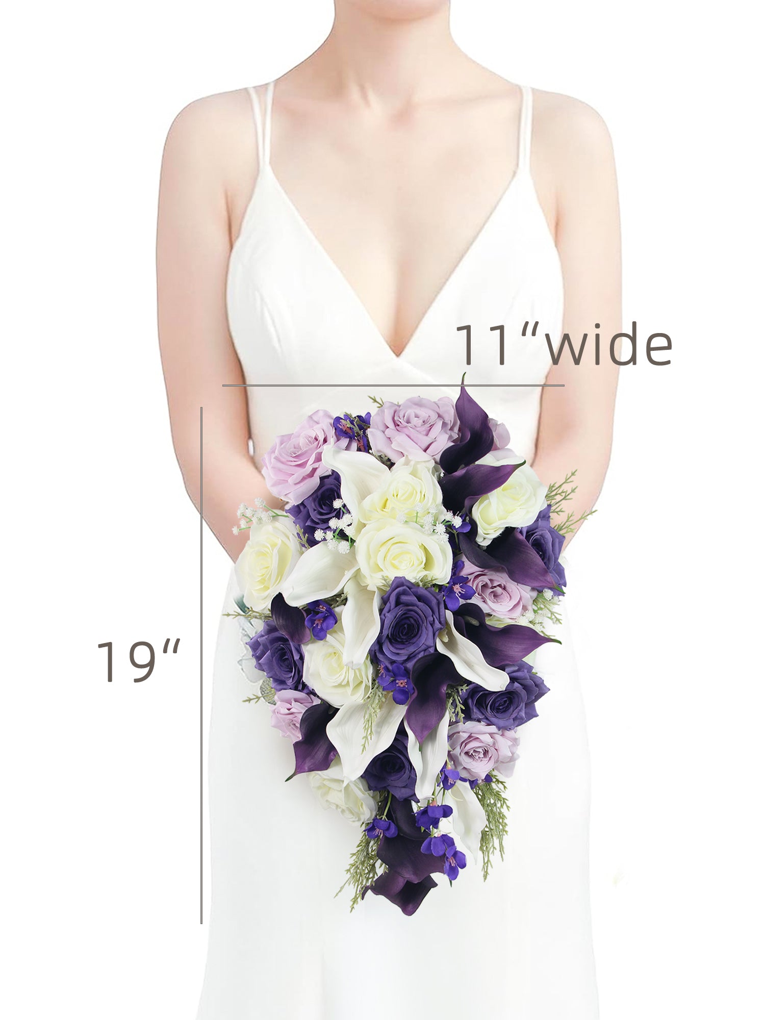 white lily and purple orchid bouquet 11 inch wide White & Purple Calla Lily Cascading Bridal Bouquet