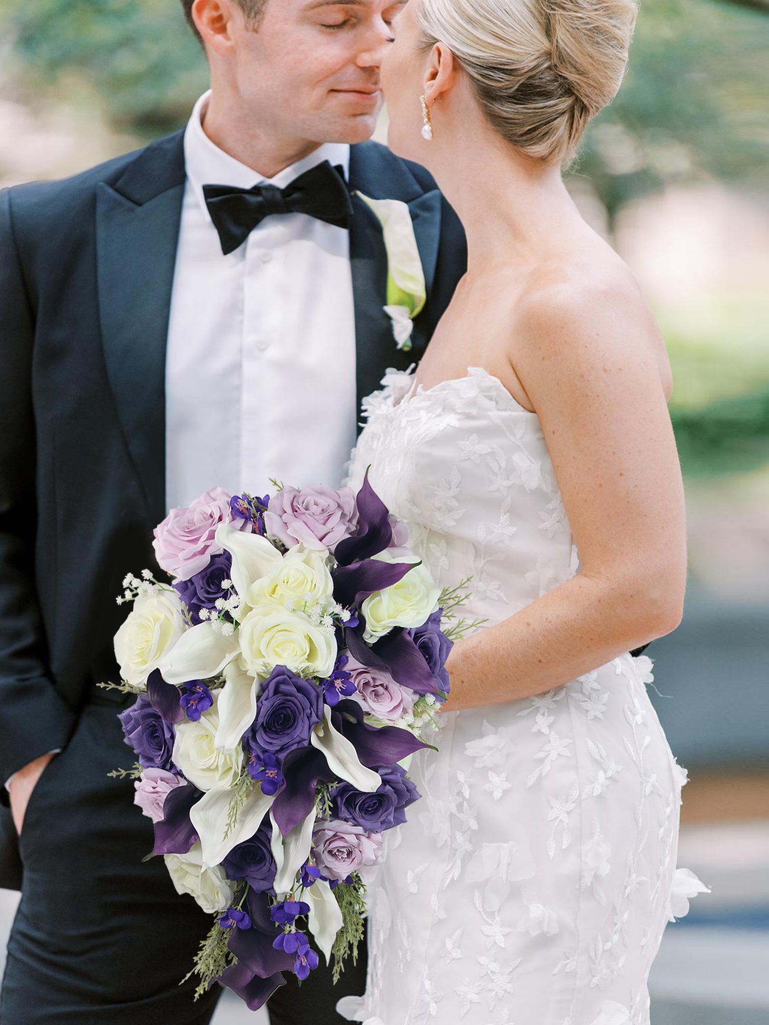 purple rose and white calla lily bouquet 11 inch wide White & Purple Calla Lily Cascading Bridal Bouquet