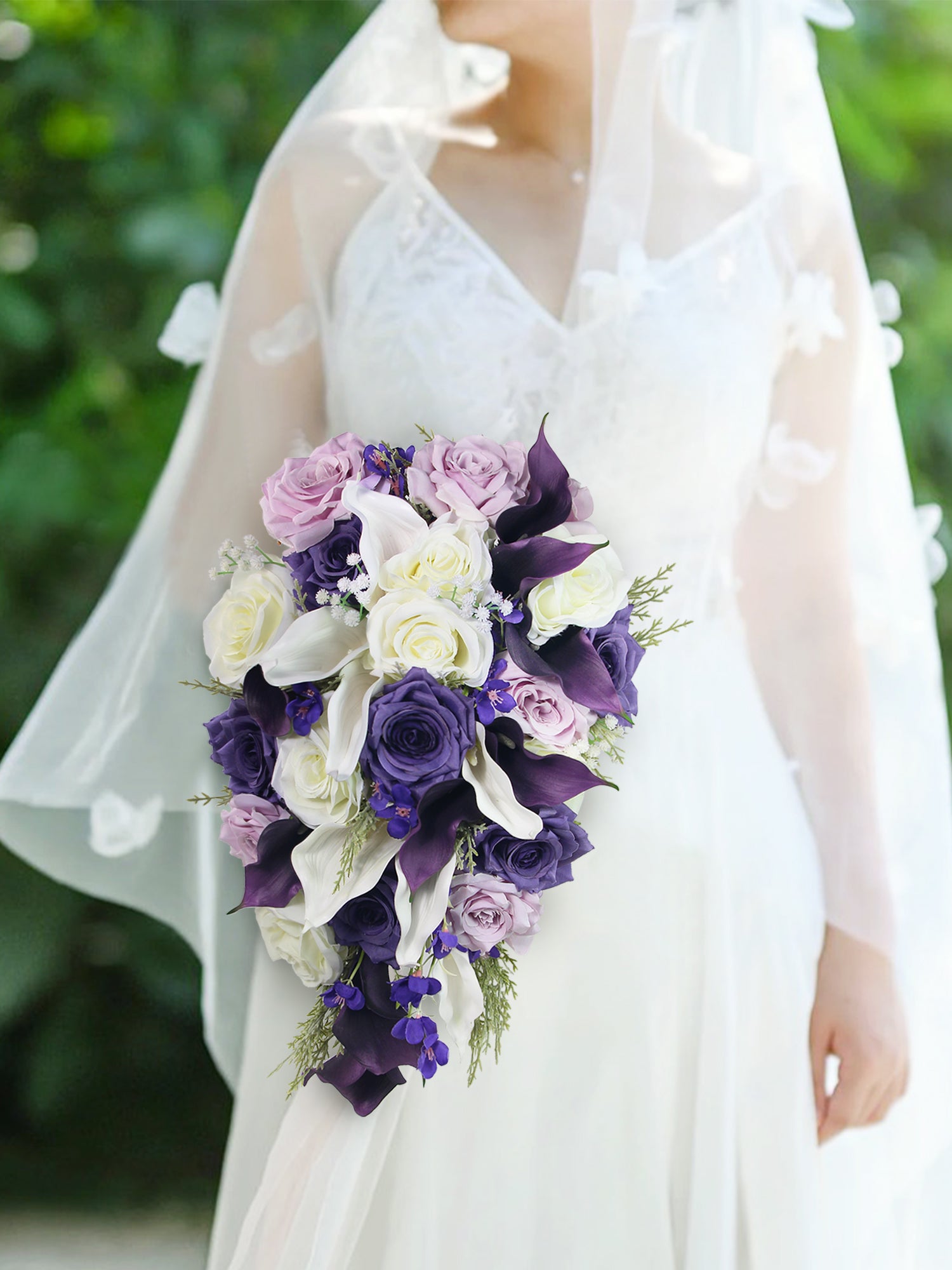 11 inch wide White & Purple Calla Lily Cascading Bridal Bouquet