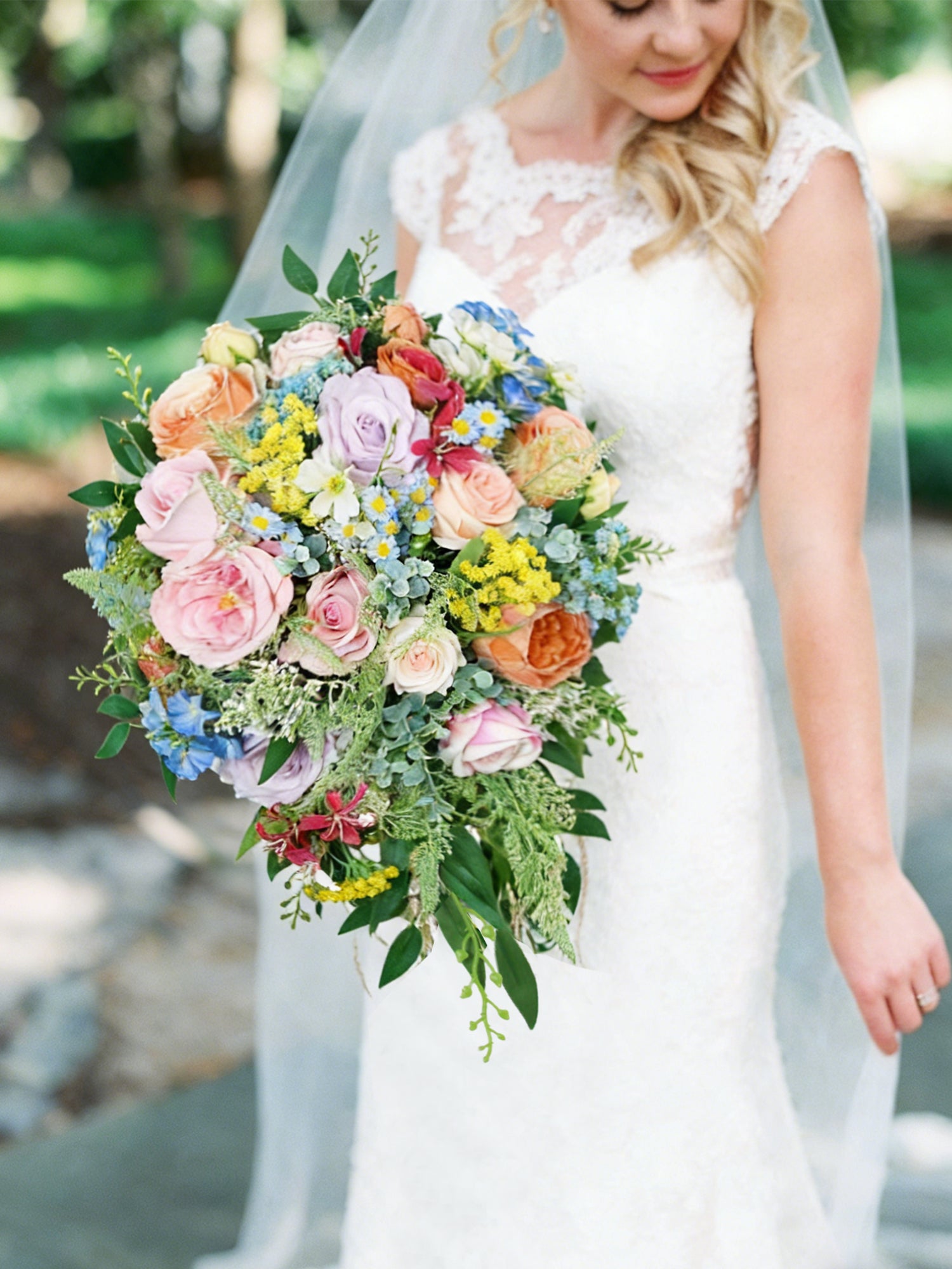13.4 inch wide Spring Garden Pastel Cascading Bridal Bouquet