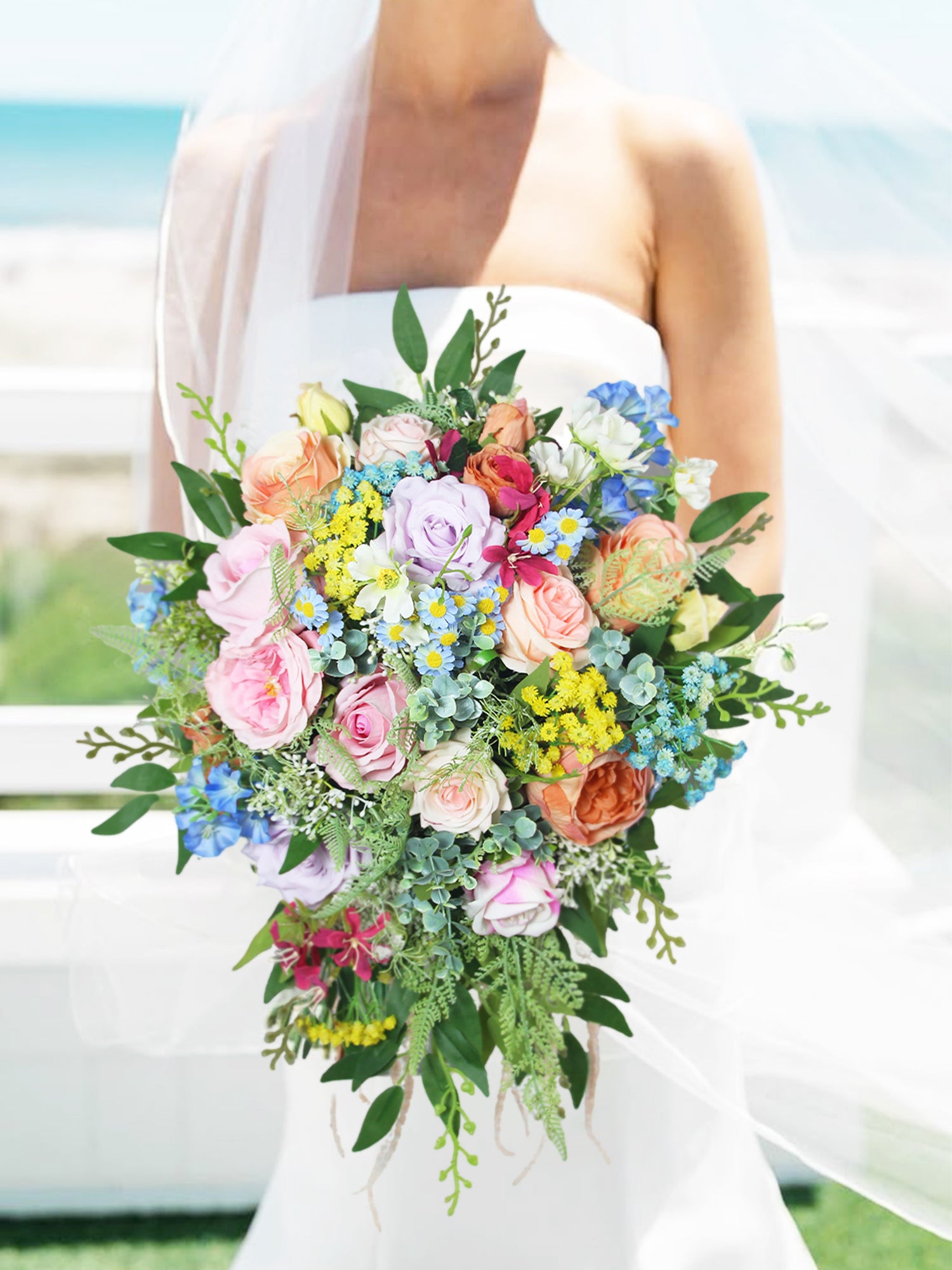 13.4 inch wide Spring Garden Pastel Cascading Bridal Bouquet
