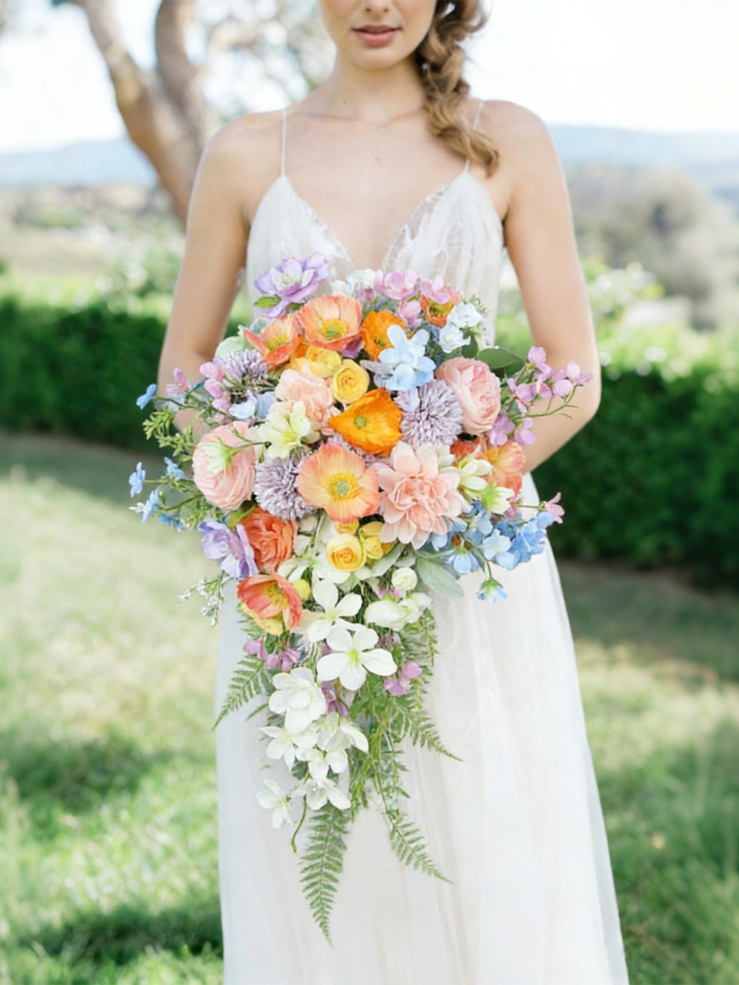 12.2 inch wide Spring Pastels Cascading Bridal Bouquet